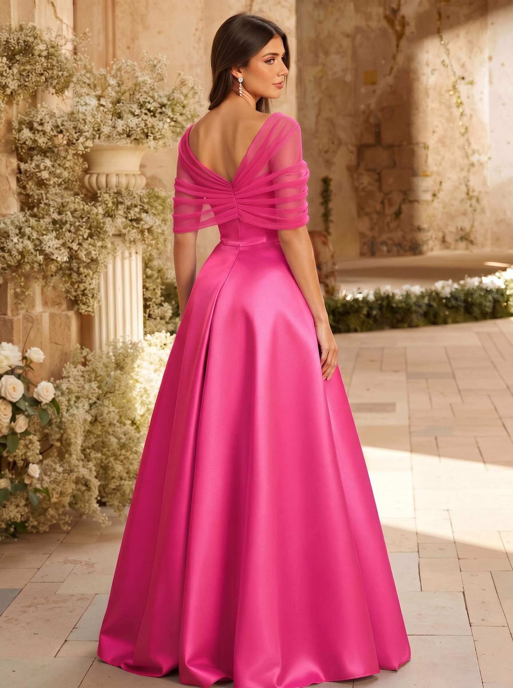 A-Line Asymmetrical Short Sleeves Sweep Train Satin Tulle Bridesmaid Dresses With Sweeping Side Drape, product image 117