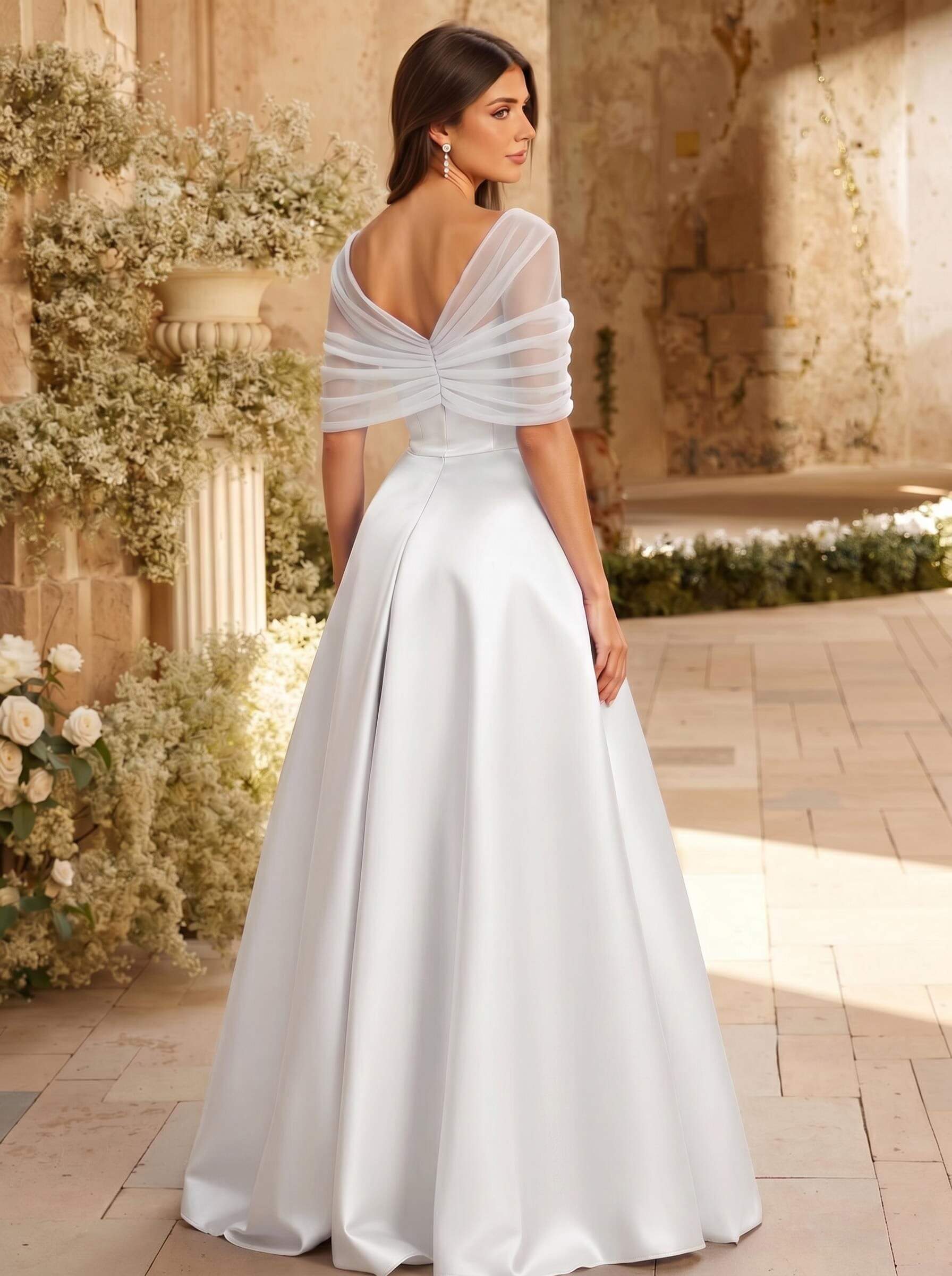 A-Line Asymmetrical Short Sleeves Sweep Train Satin Tulle Bridesmaid Dresses With Sweeping Side Drape, product image 107
