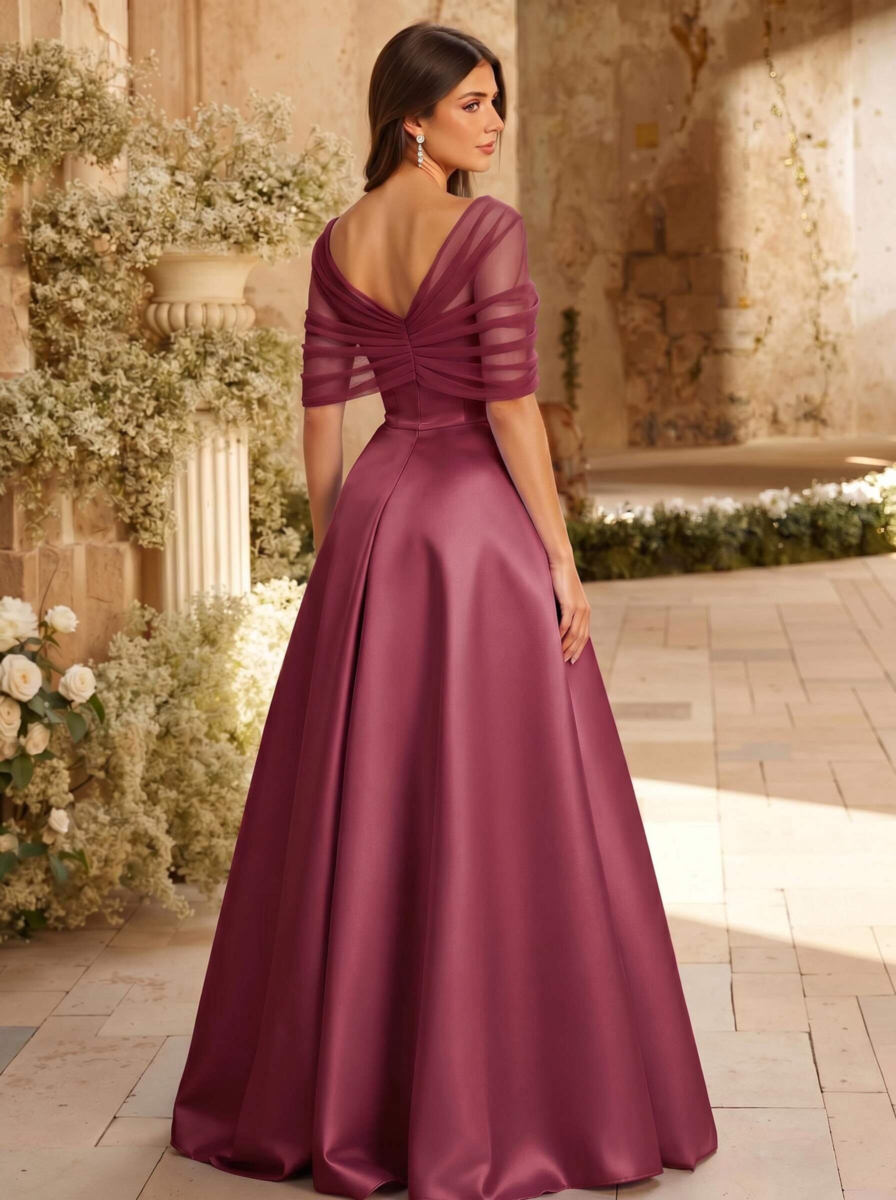 A-Line Asymmetrical Short Sleeves Sweep Train Satin Tulle Bridesmaid Dresses With Sweeping Side Drape, product image 35