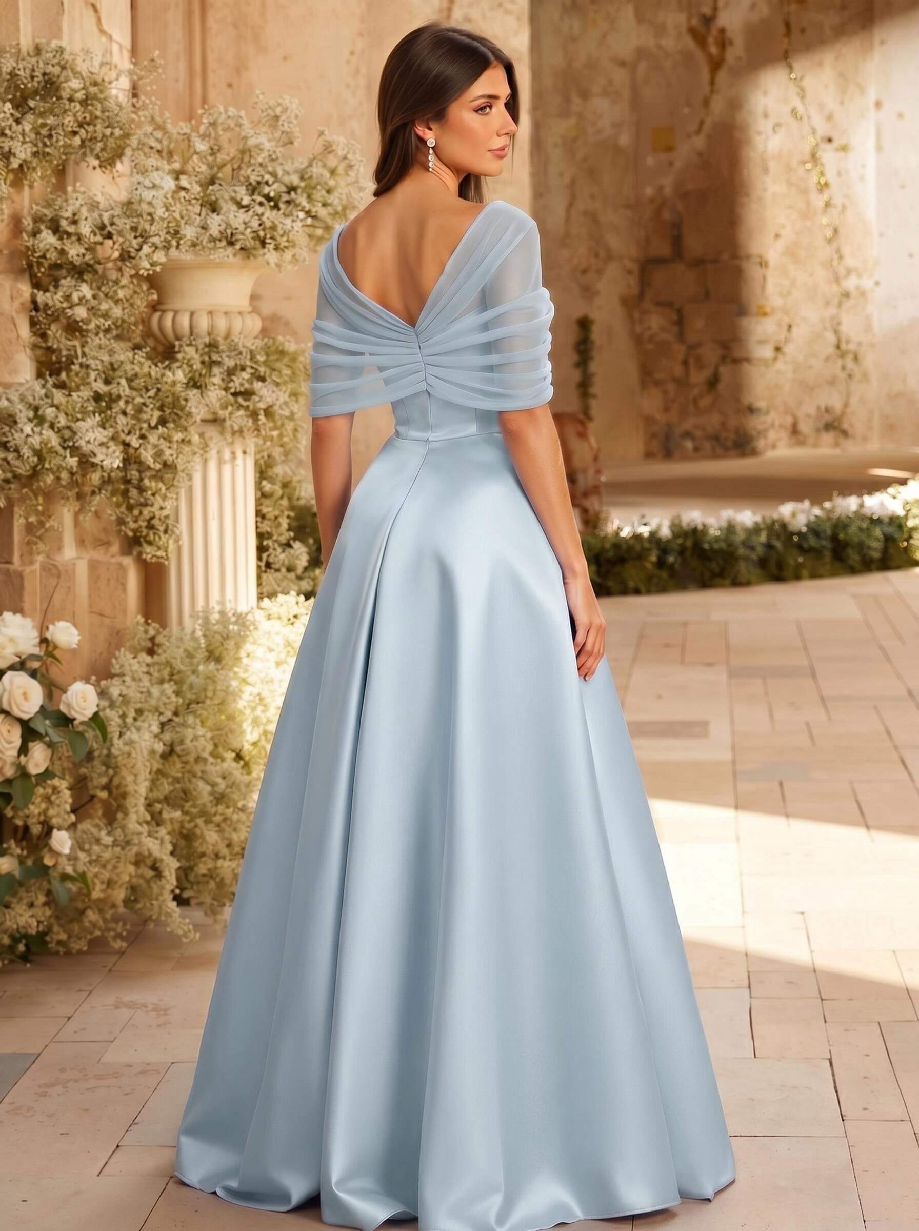 A-Line Asymmetrical Short Sleeves Sweep Train Satin Tulle Bridesmaid Dresses With Sweeping Side Drape, product image 27