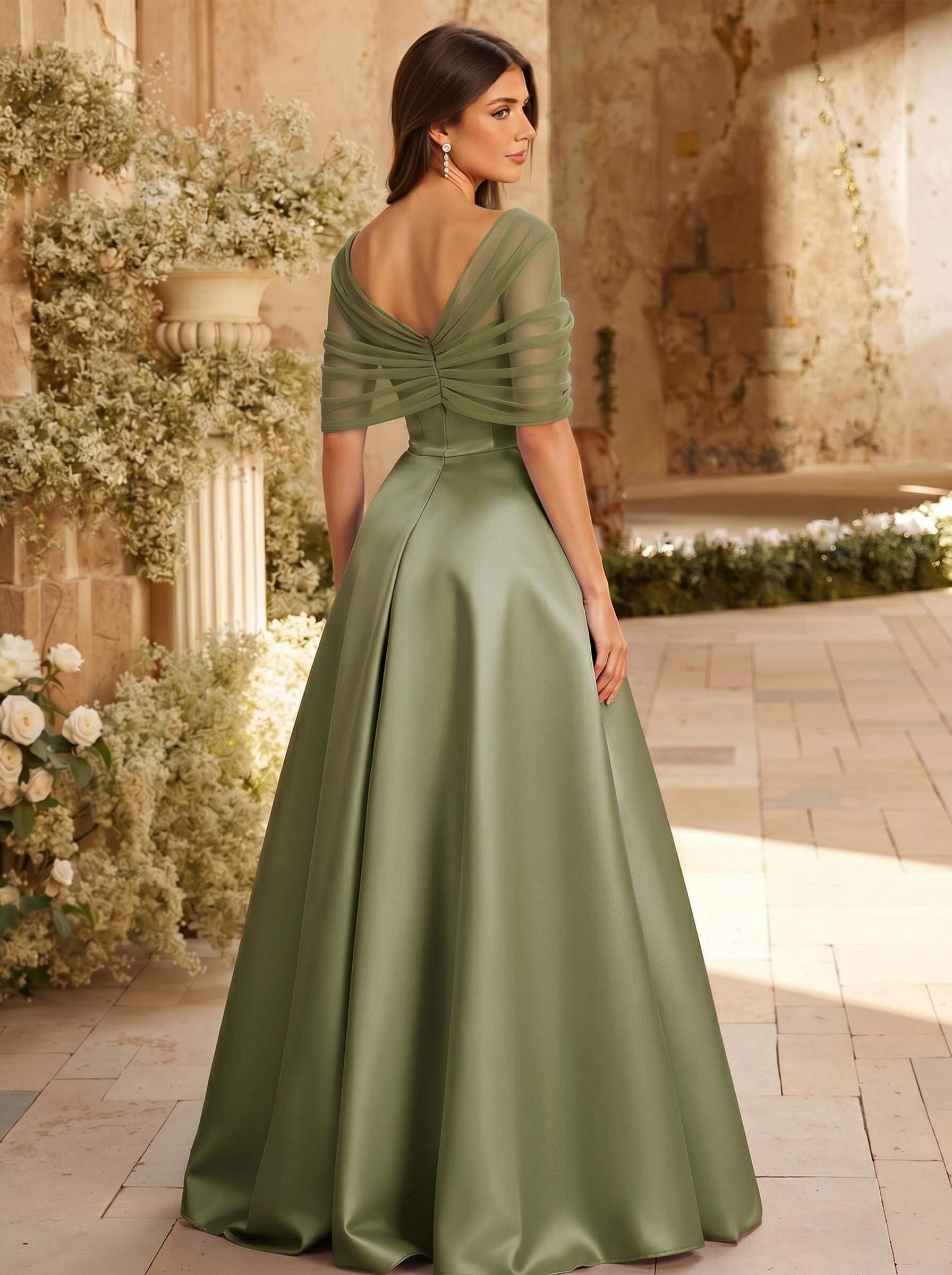 A-Line Asymmetrical Short Sleeves Sweep Train Satin Tulle Bridesmaid Dresses With Sweeping Side Drape, product image 121