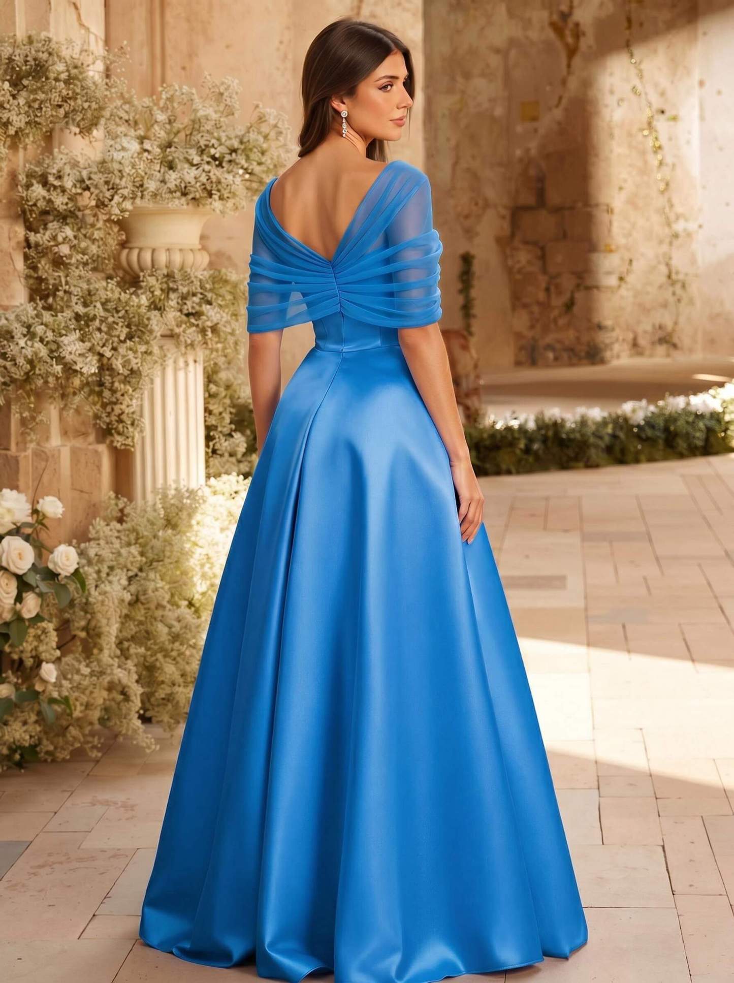 A-Line Asymmetrical Short Sleeves Sweep Train Satin Tulle Bridesmaid Dresses With Sweeping Side Drape, product image 19