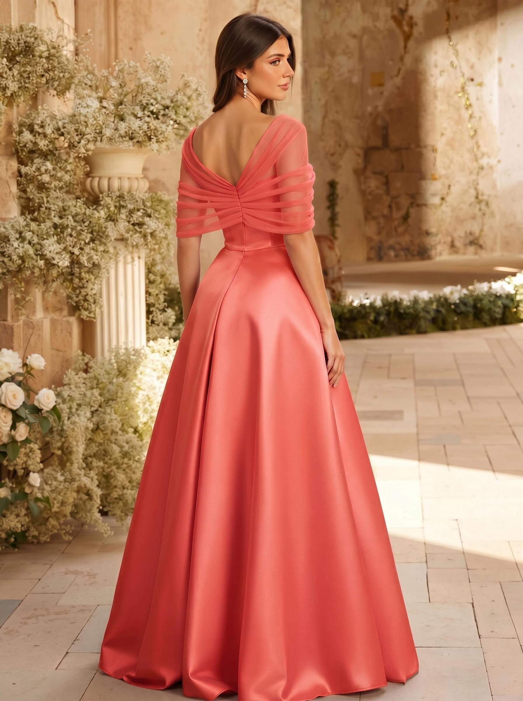 A-Line Asymmetrical Short Sleeves Sweep Train Satin Tulle Bridesmaid Dresses With Sweeping Side Drape, product image 103