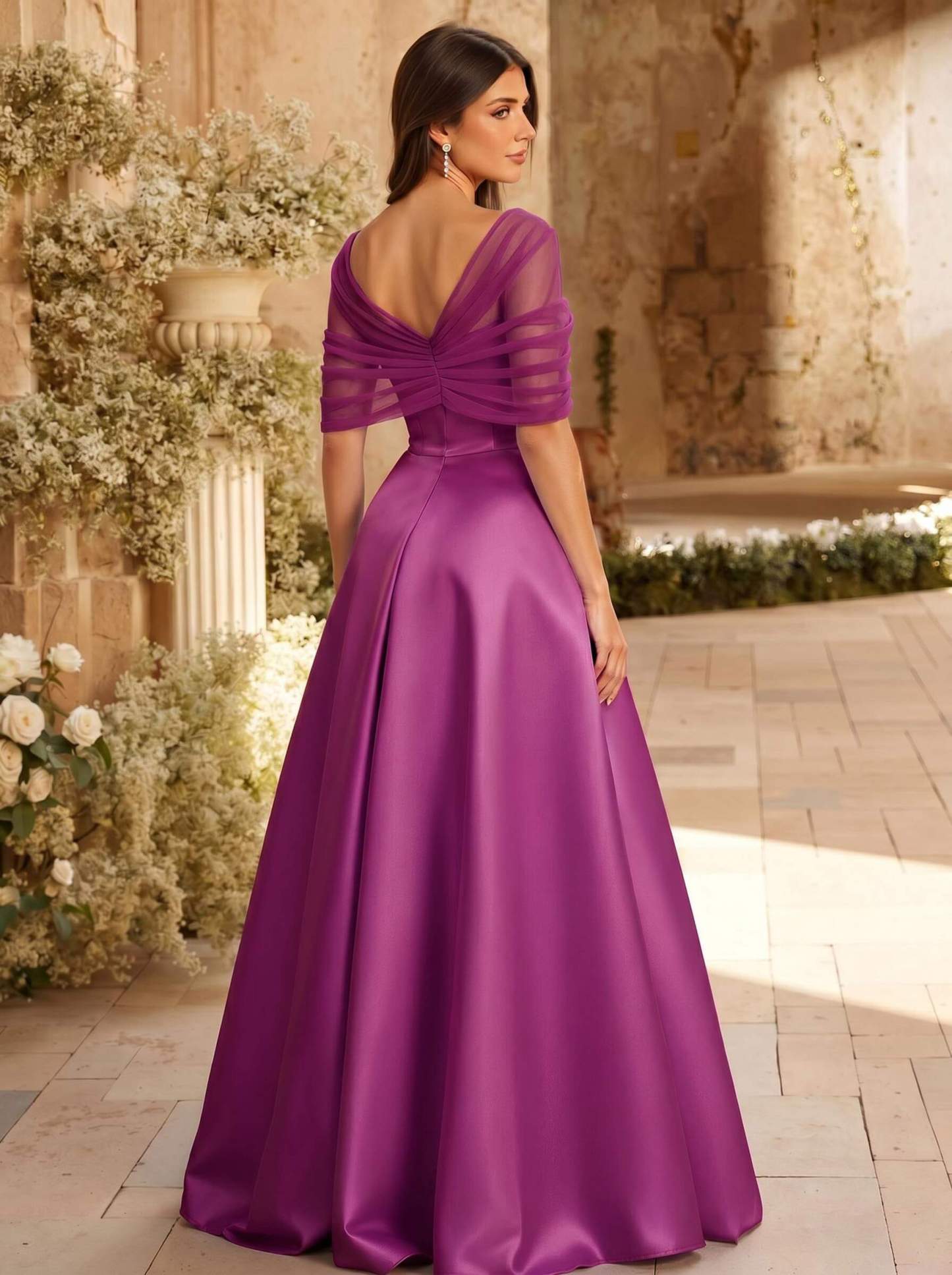 A-Line Asymmetrical Short Sleeves Sweep Train Satin Tulle Bridesmaid Dresses With Sweeping Side Drape, product image 71