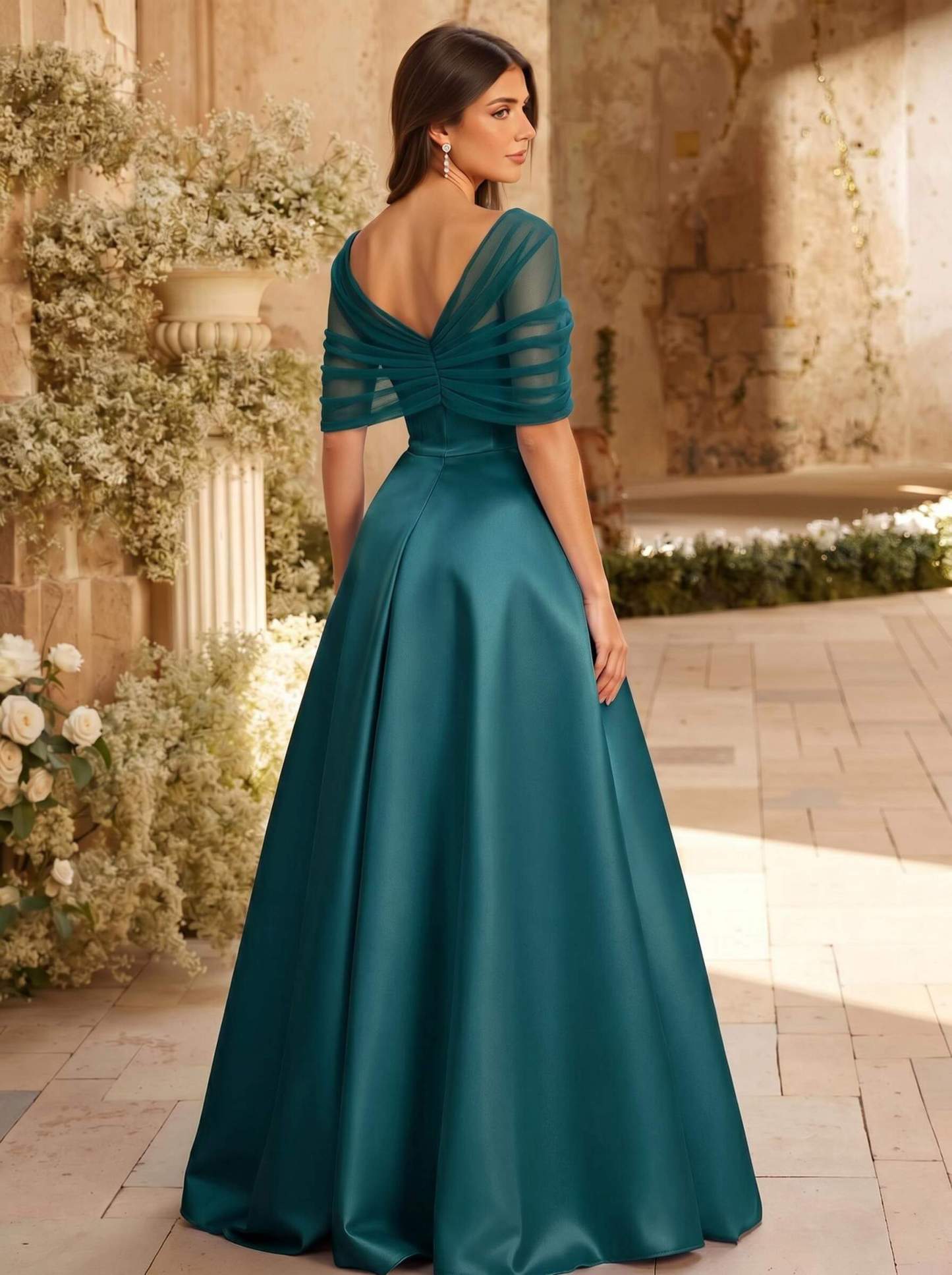 A-Line Asymmetrical Short Sleeves Sweep Train Satin Tulle Bridesmaid Dresses With Sweeping Side Drape, product image 81