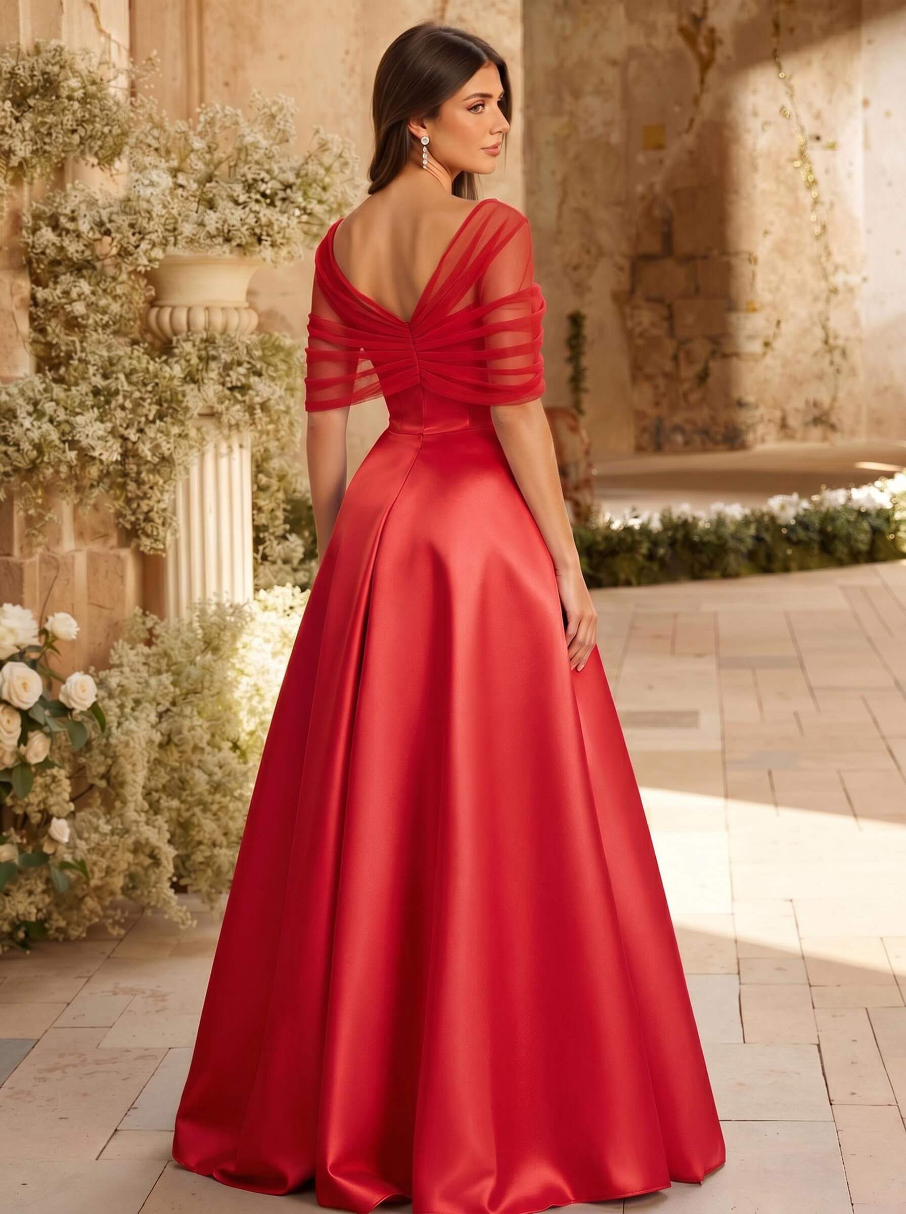 A-Line Asymmetrical Short Sleeves Sweep Train Satin Tulle Bridesmaid Dresses With Sweeping Side Drape, product image 37