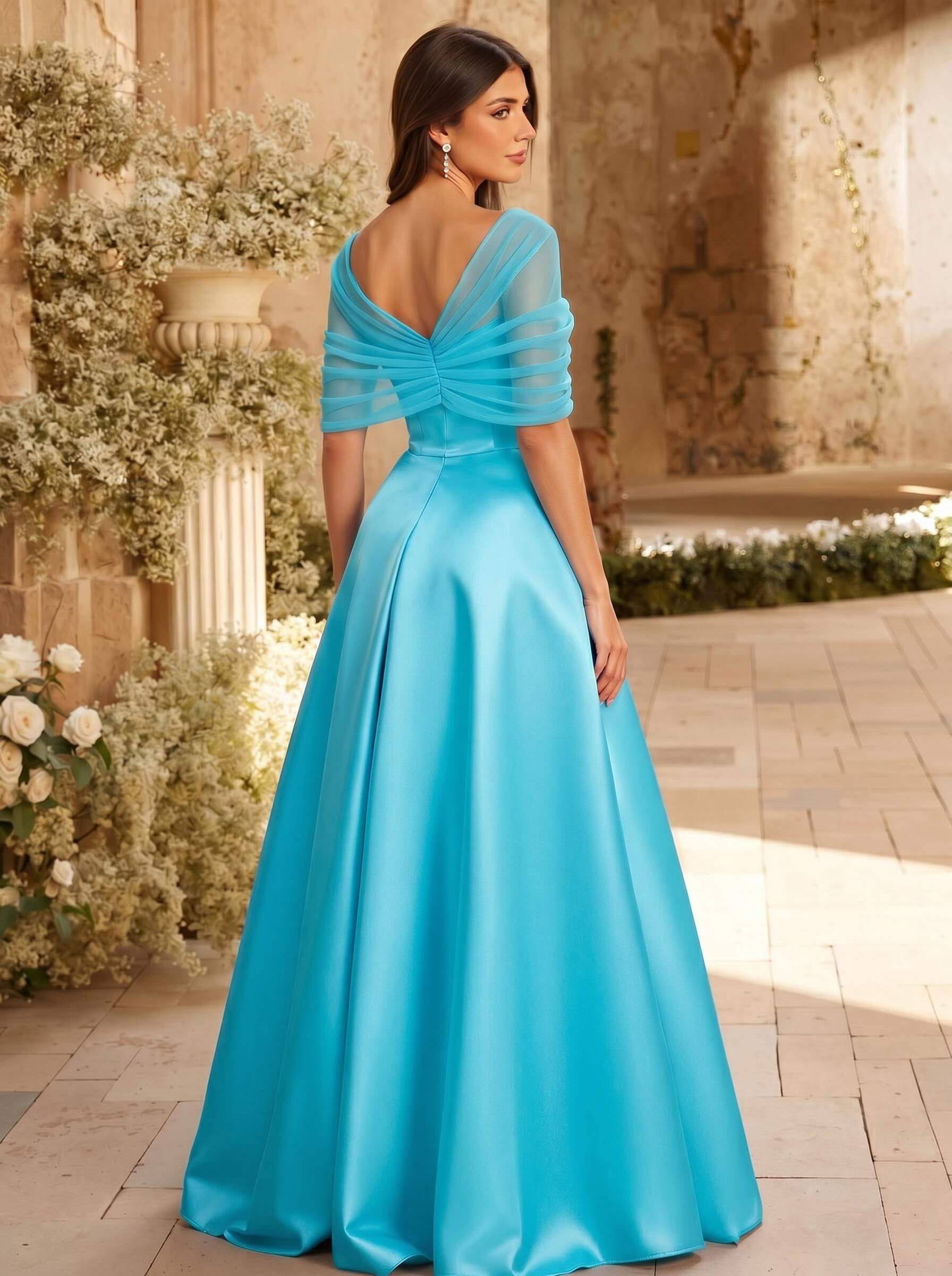 A-Line Asymmetrical Short Sleeves Sweep Train Satin Tulle Bridesmaid Dresses With Sweeping Side Drape, product image 21