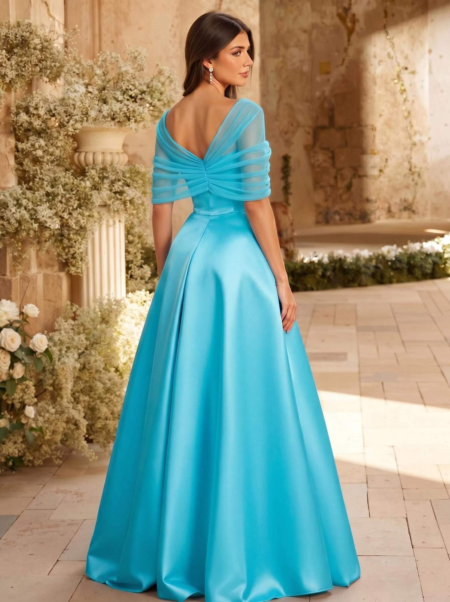 A-Line Asymmetrical Short Sleeves Sweep Train Satin Tulle Bridesmaid Dresses With Sweeping Side Drape, product image 21