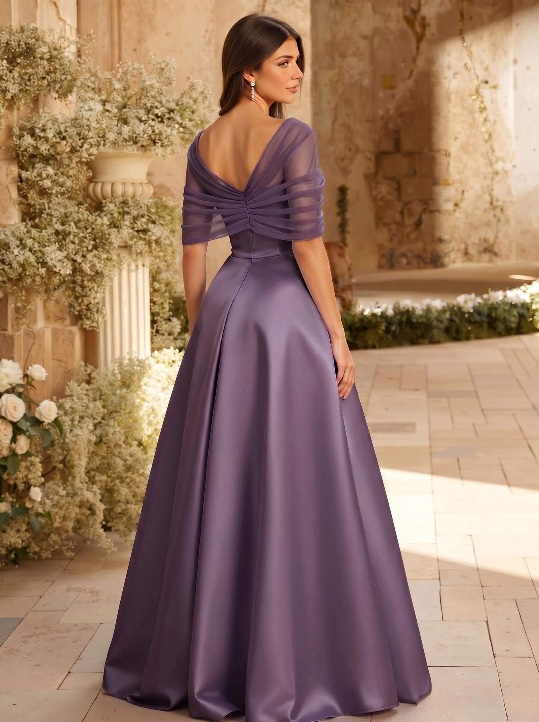 A-Line Asymmetrical Short Sleeves Sweep Train Satin Tulle Bridesmaid Dresses With Sweeping Side Drape, product image 119