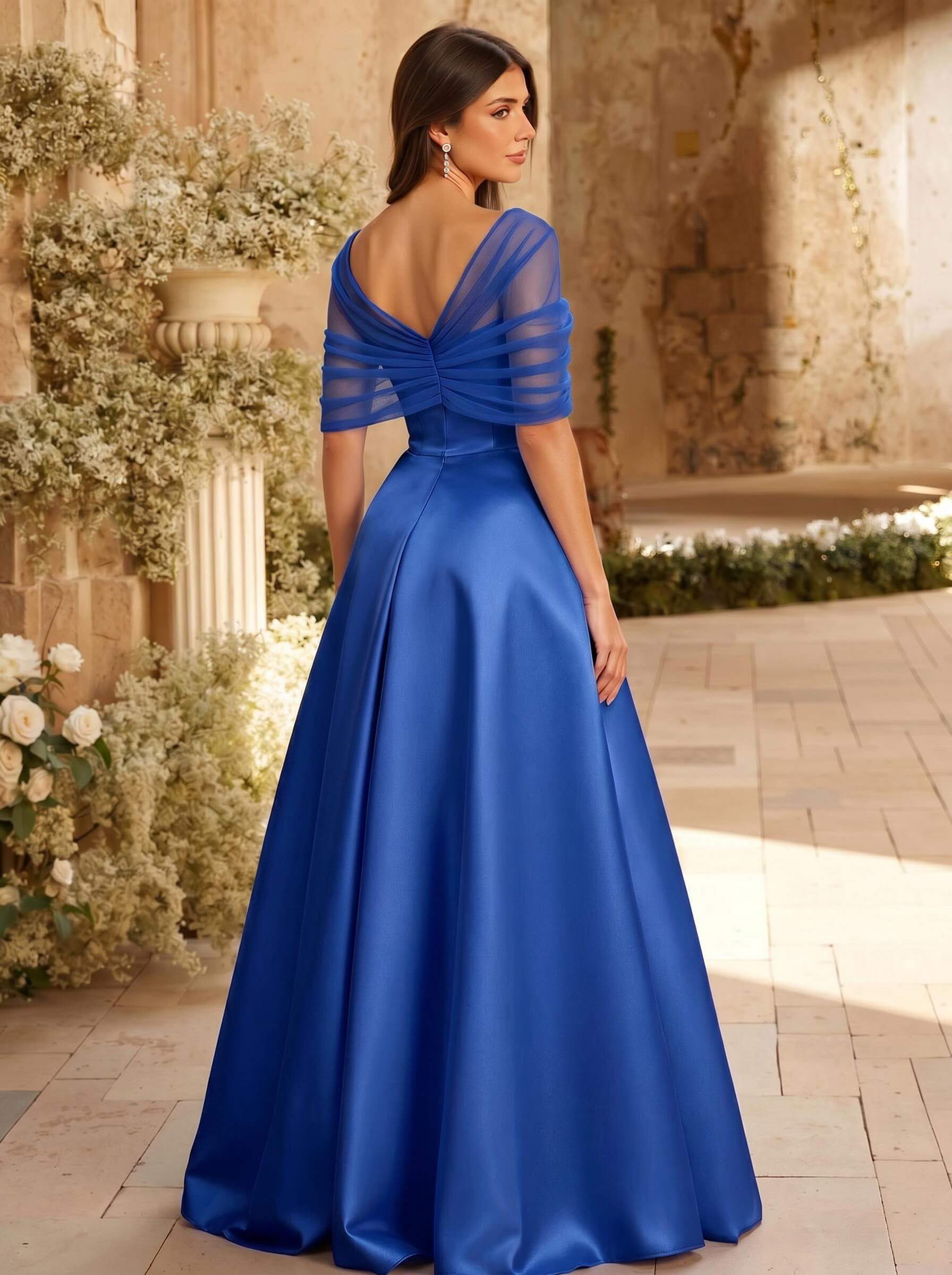 A-Line Asymmetrical Short Sleeves Sweep Train Satin Tulle Bridesmaid Dresses With Sweeping Side Drape, product image 17