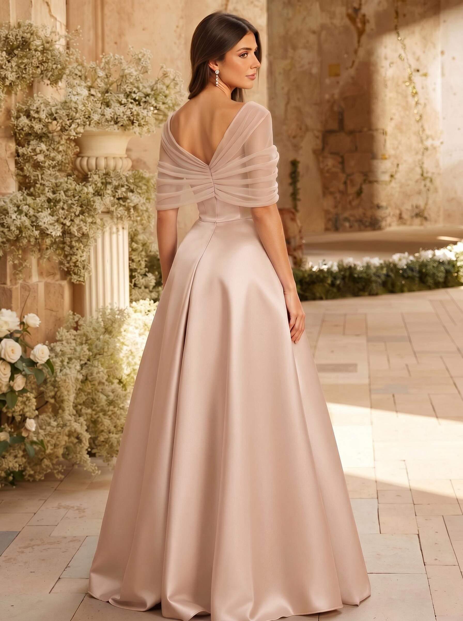 A-Line Asymmetrical Short Sleeves Sweep Train Satin Tulle Bridesmaid Dresses With Sweeping Side Drape, product image 127