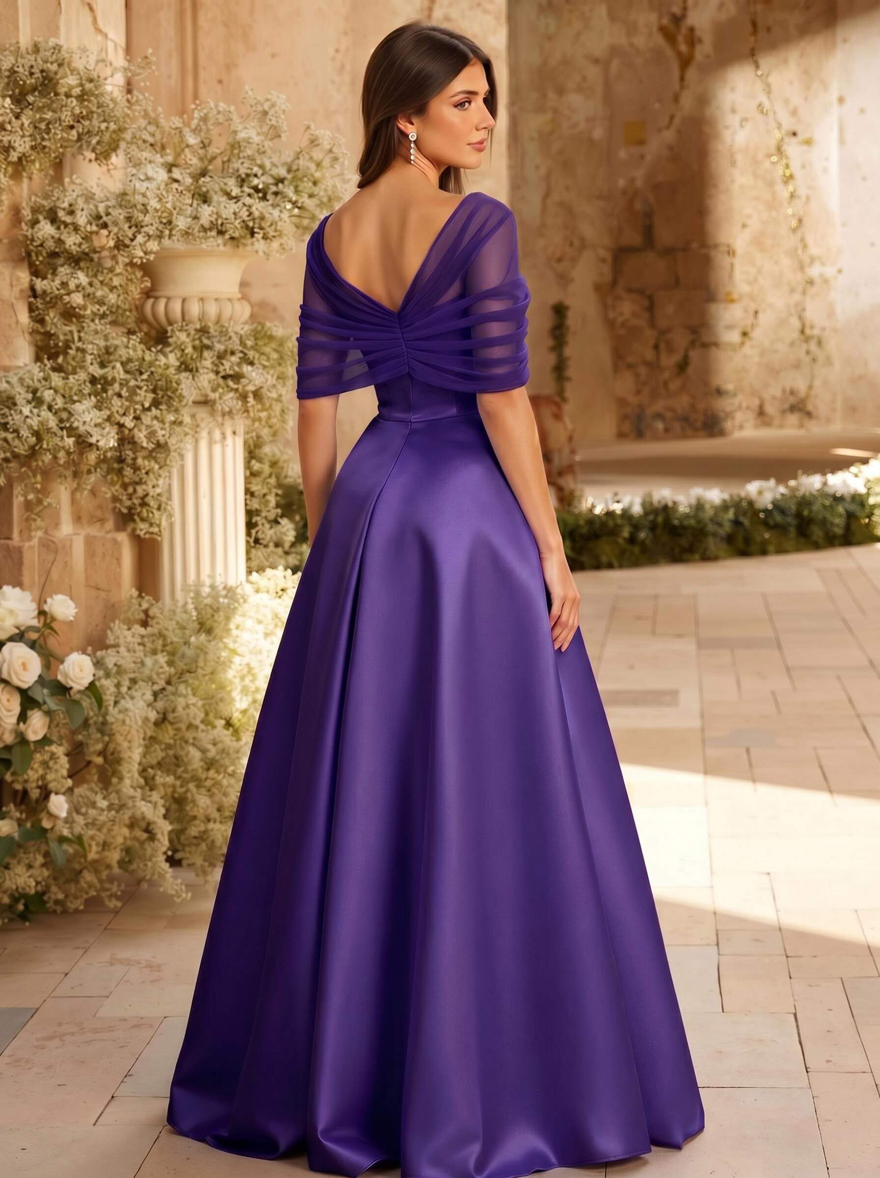 A-Line Asymmetrical Short Sleeves Sweep Train Satin Tulle Bridesmaid Dresses With Sweeping Side Drape, product image 75