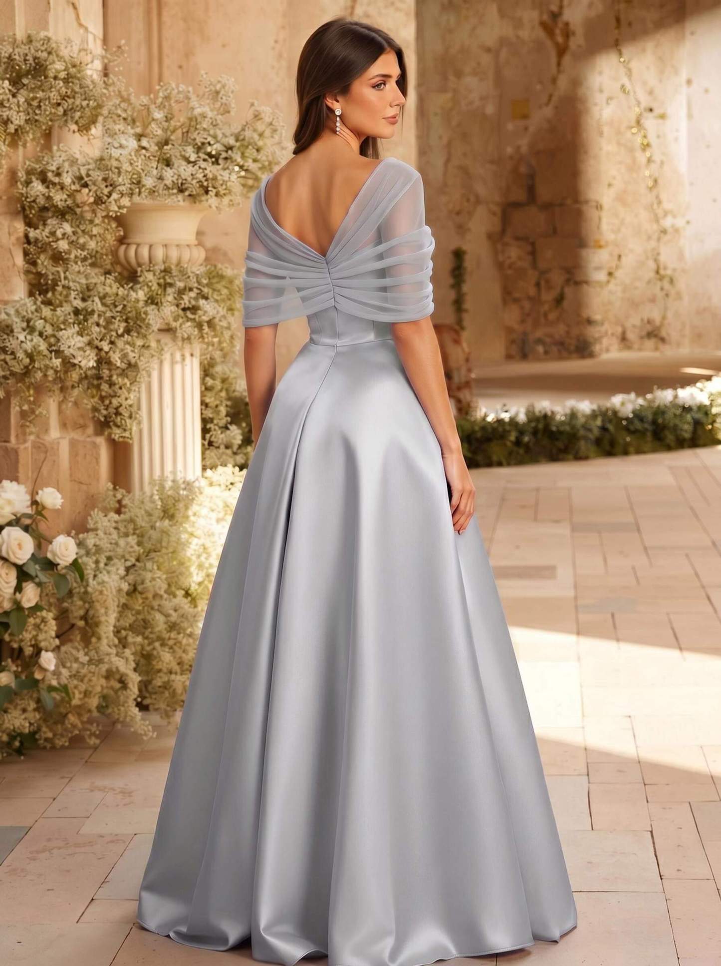 A-Line Asymmetrical Short Sleeves Sweep Train Satin Tulle Bridesmaid Dresses With Sweeping Side Drape, product image 111