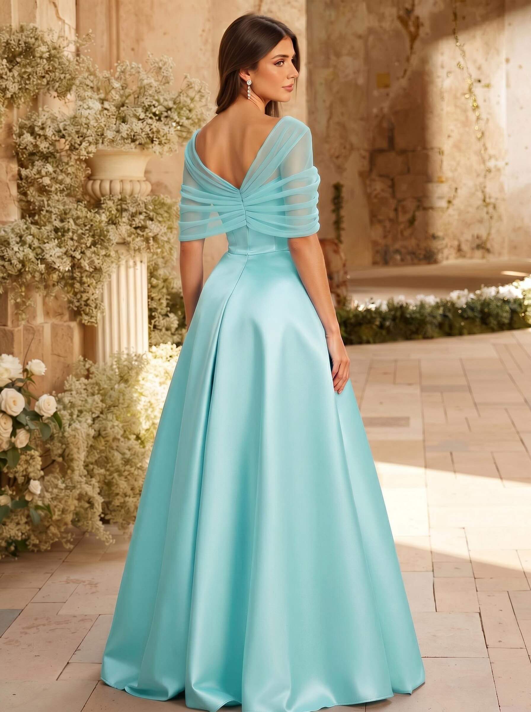 A-Line Asymmetrical Short Sleeves Sweep Train Satin Tulle Bridesmaid Dresses With Sweeping Side Drape, product image 91