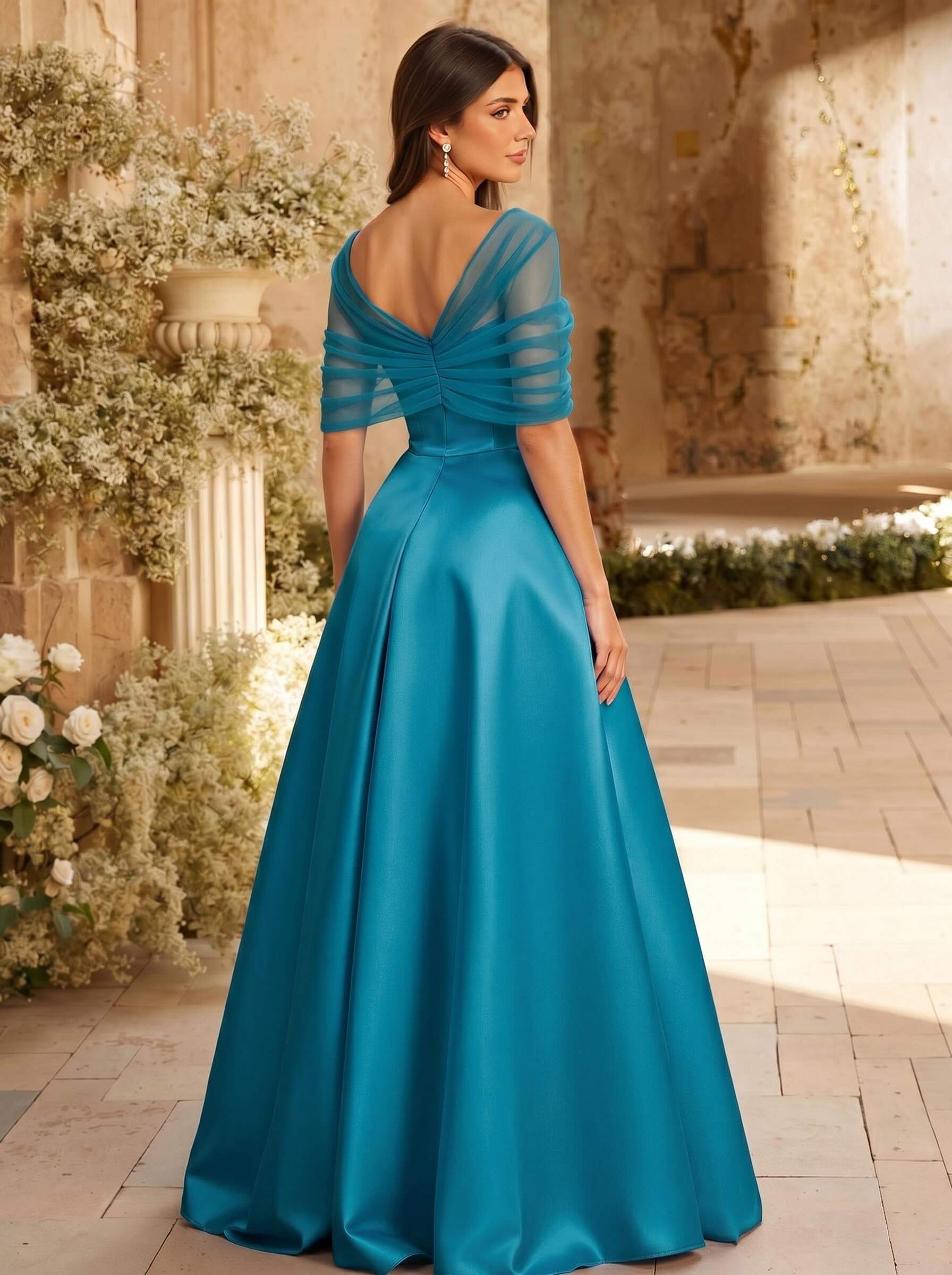A-Line Asymmetrical Short Sleeves Sweep Train Satin Tulle Bridesmaid Dresses With Sweeping Side Drape, product image 137