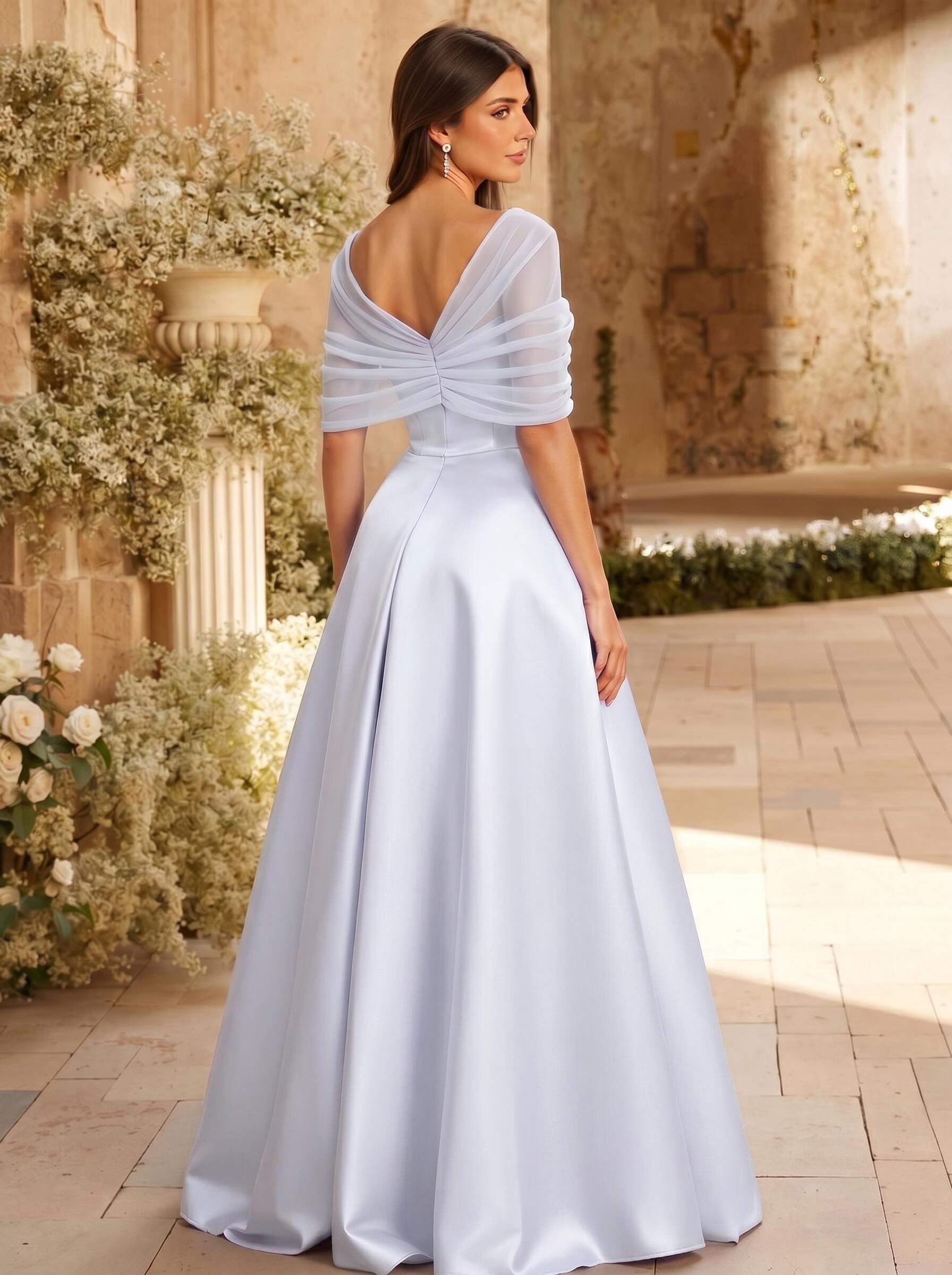 A-Line Asymmetrical Short Sleeves Sweep Train Satin Tulle Bridesmaid Dresses With Sweeping Side Drape, product image 109