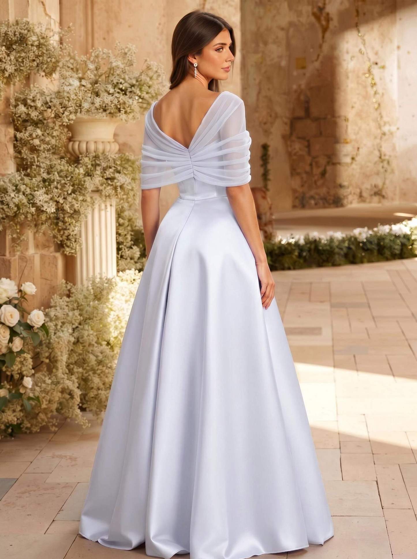 A-Line Asymmetrical Short Sleeves Sweep Train Satin Tulle Bridesmaid Dresses With Sweeping Side Drape, product image 109