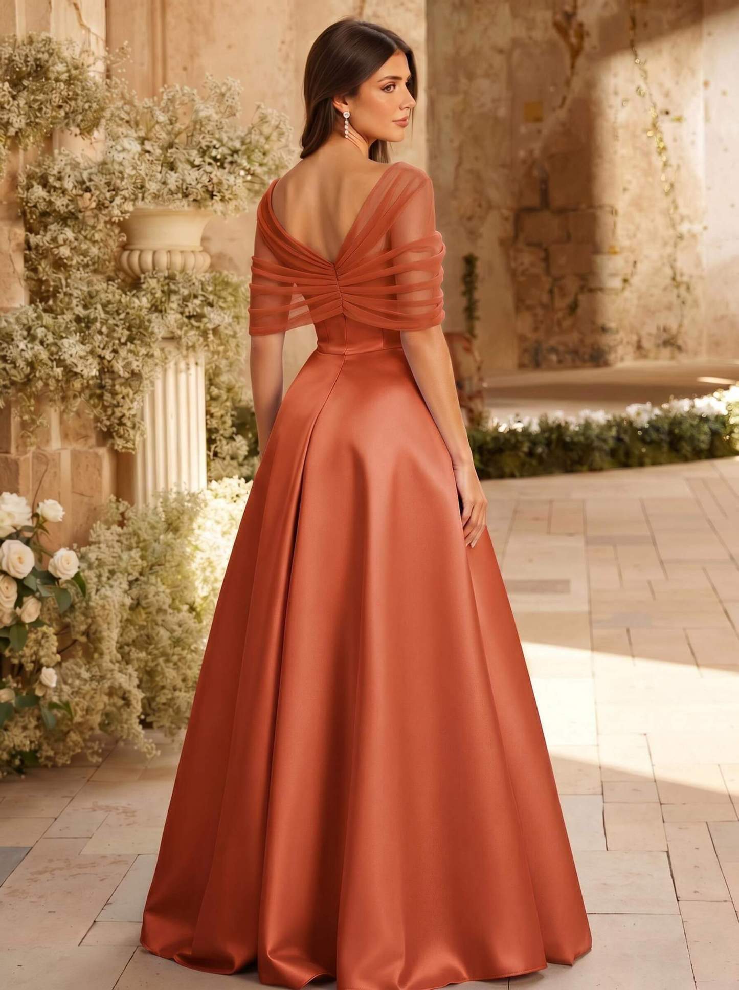 A-Line Asymmetrical Short Sleeves Sweep Train Satin Tulle Bridesmaid Dresses With Sweeping Side Drape, product image 135