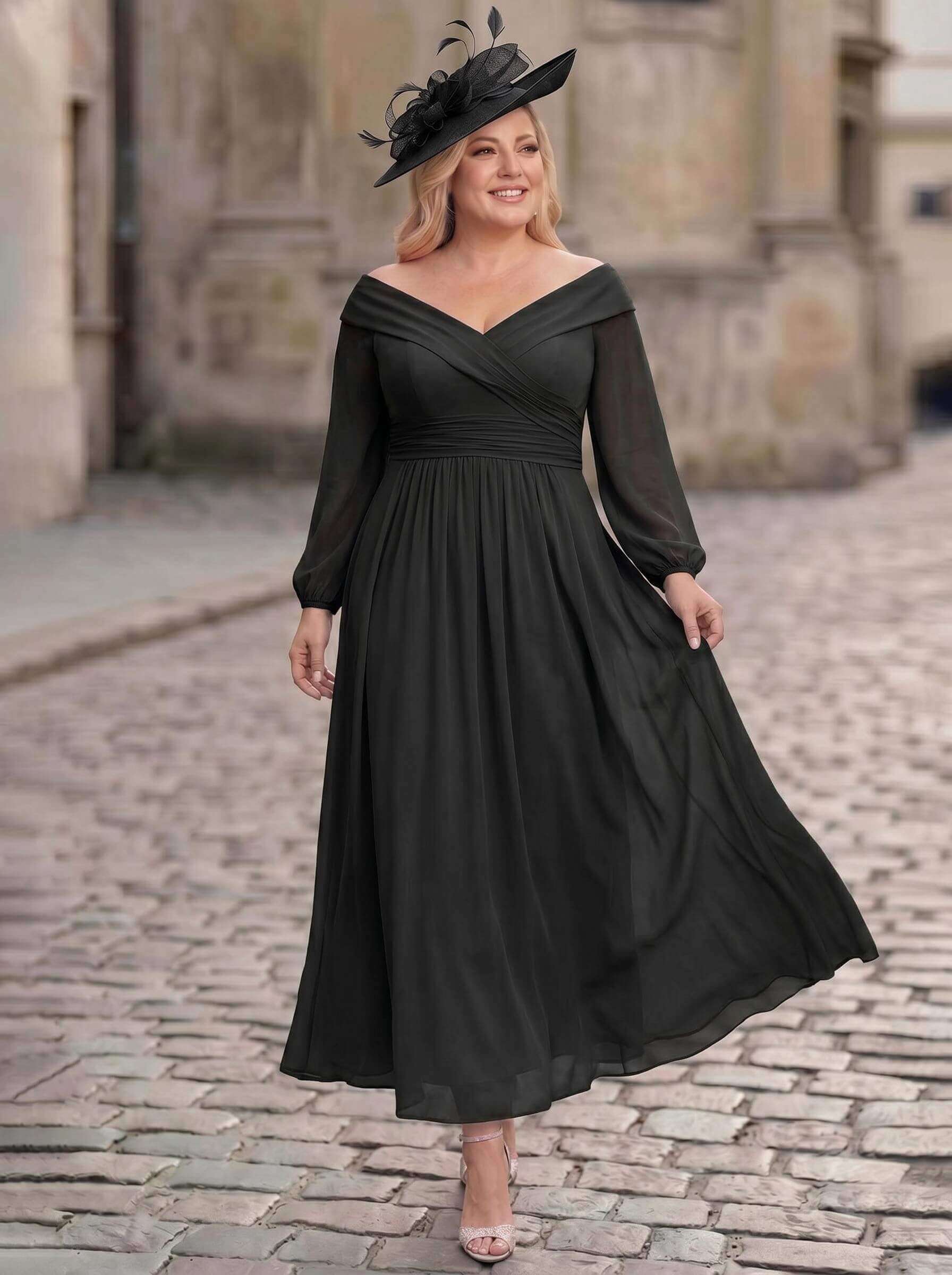 A-Line Off-The-Shoulder Long Sleeves Ankle-Length Chiffon Mother Of The Bride Dresses With Pleated