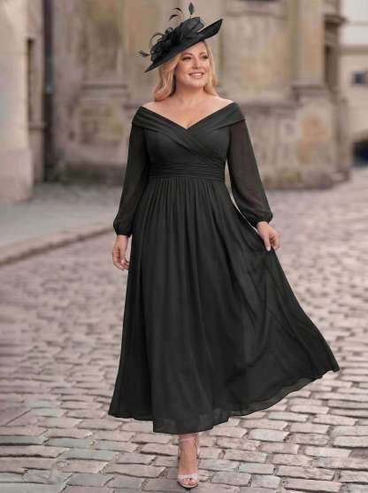 A-Line Off-The-Shoulder Long Sleeves Ankle-Length Chiffon Mother Of The Bride Dresses With Pleated