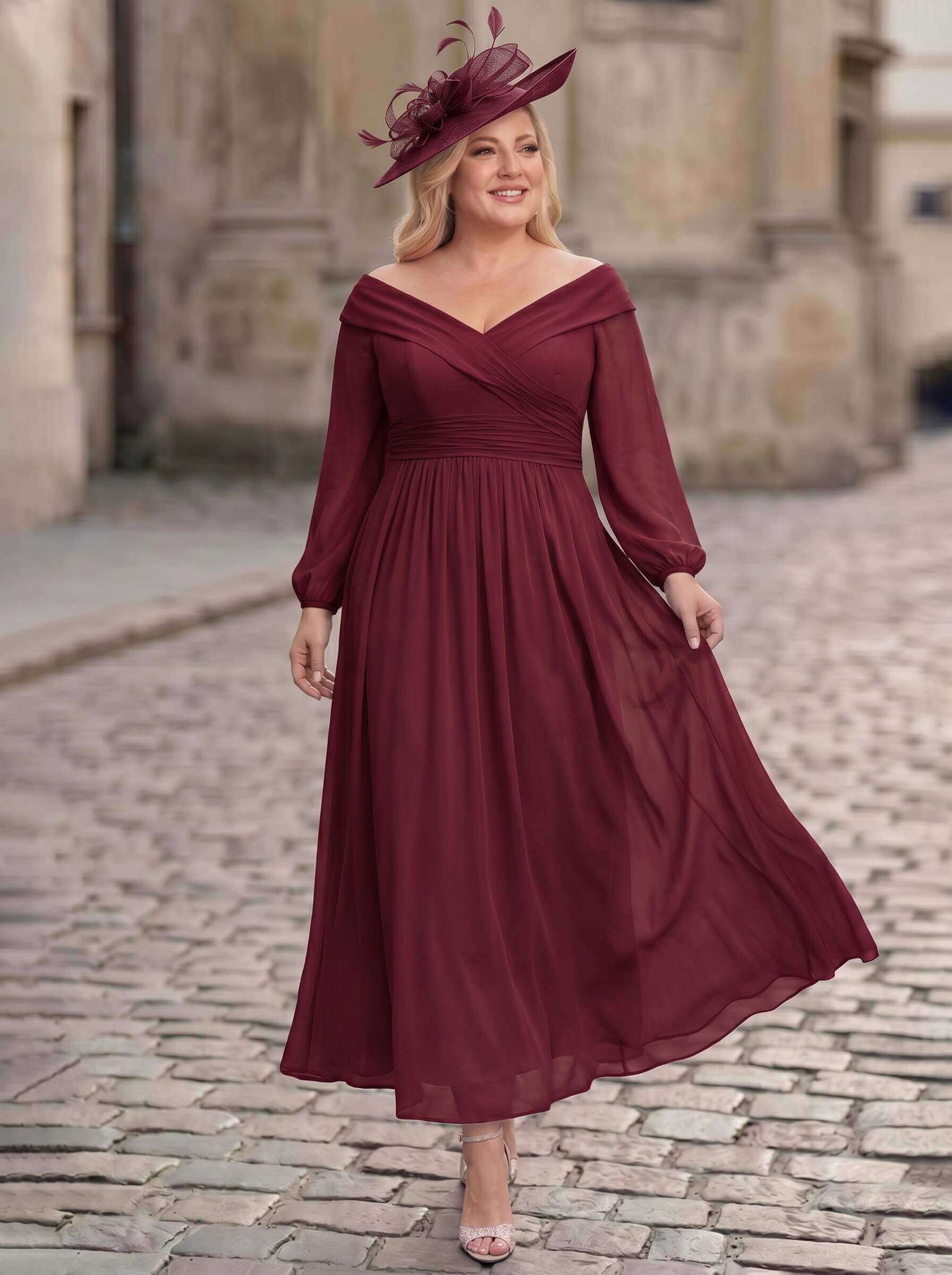 A-Line Off-The-Shoulder Long Sleeves Ankle-Length Chiffon Mother Of The Bride Dresses With Pleated
