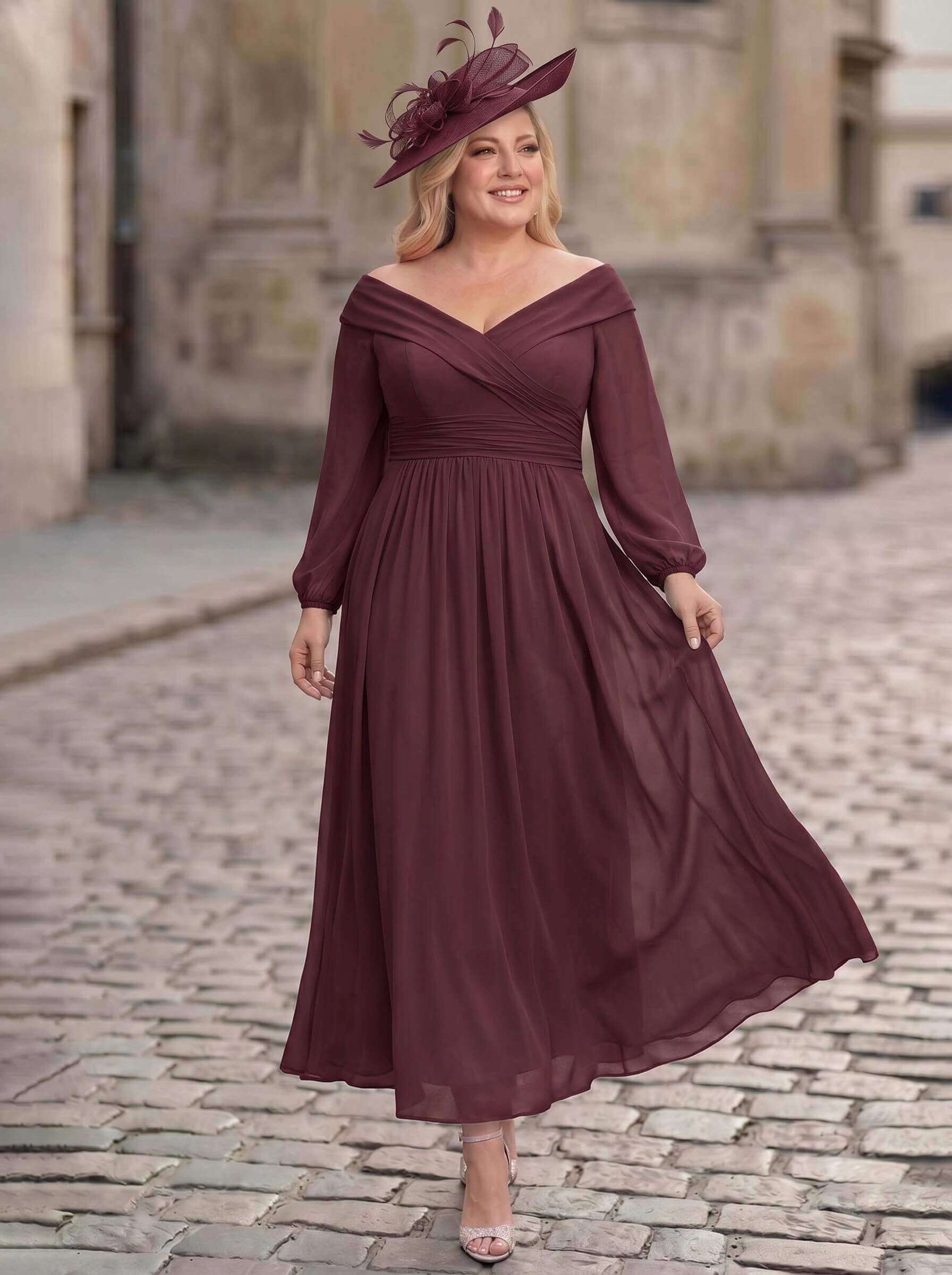 A-Line Off-The-Shoulder Long Sleeves Ankle-Length Chiffon Mother Of The Bride Dresses With Pleated