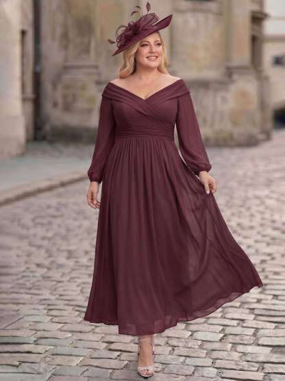 A-Line Off-The-Shoulder Long Sleeves Ankle-Length Chiffon Mother Of The Bride Dresses With Pleated