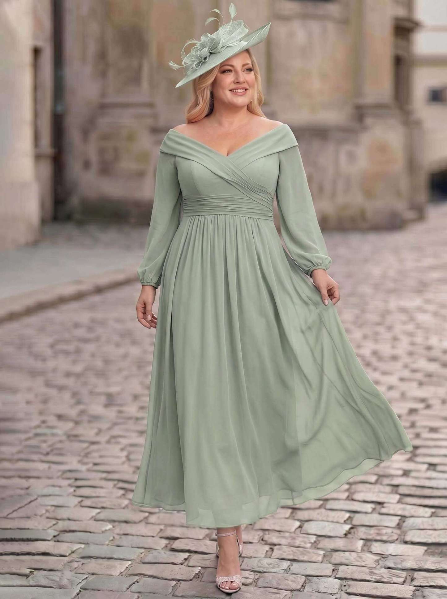 A-Line Off-The-Shoulder Long Sleeves Ankle-Length Chiffon Mother Of The Bride Dresses With Pleated