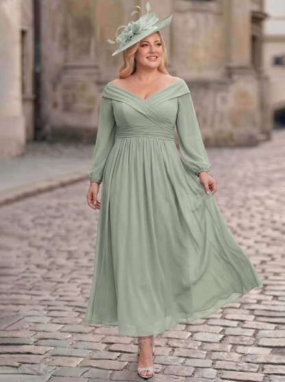 A-Line Off-The-Shoulder Long Sleeves Ankle-Length Chiffon Mother Of The Bride Dresses With Pleated