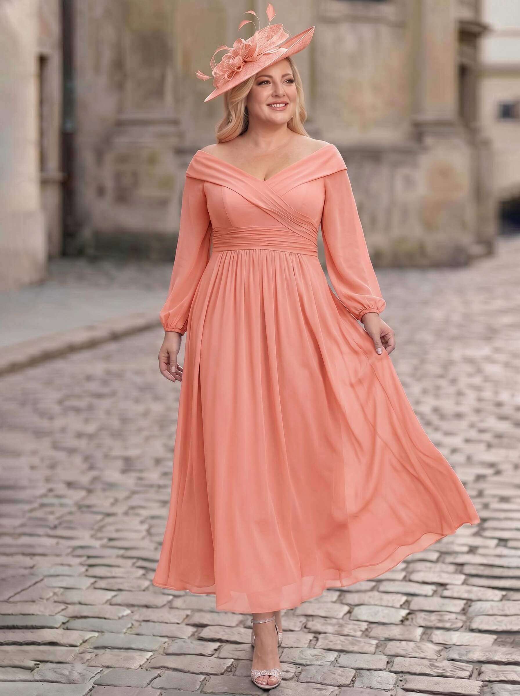 A-Line Off-The-Shoulder Long Sleeves Ankle-Length Chiffon Mother Of The Bride Dresses With Pleated