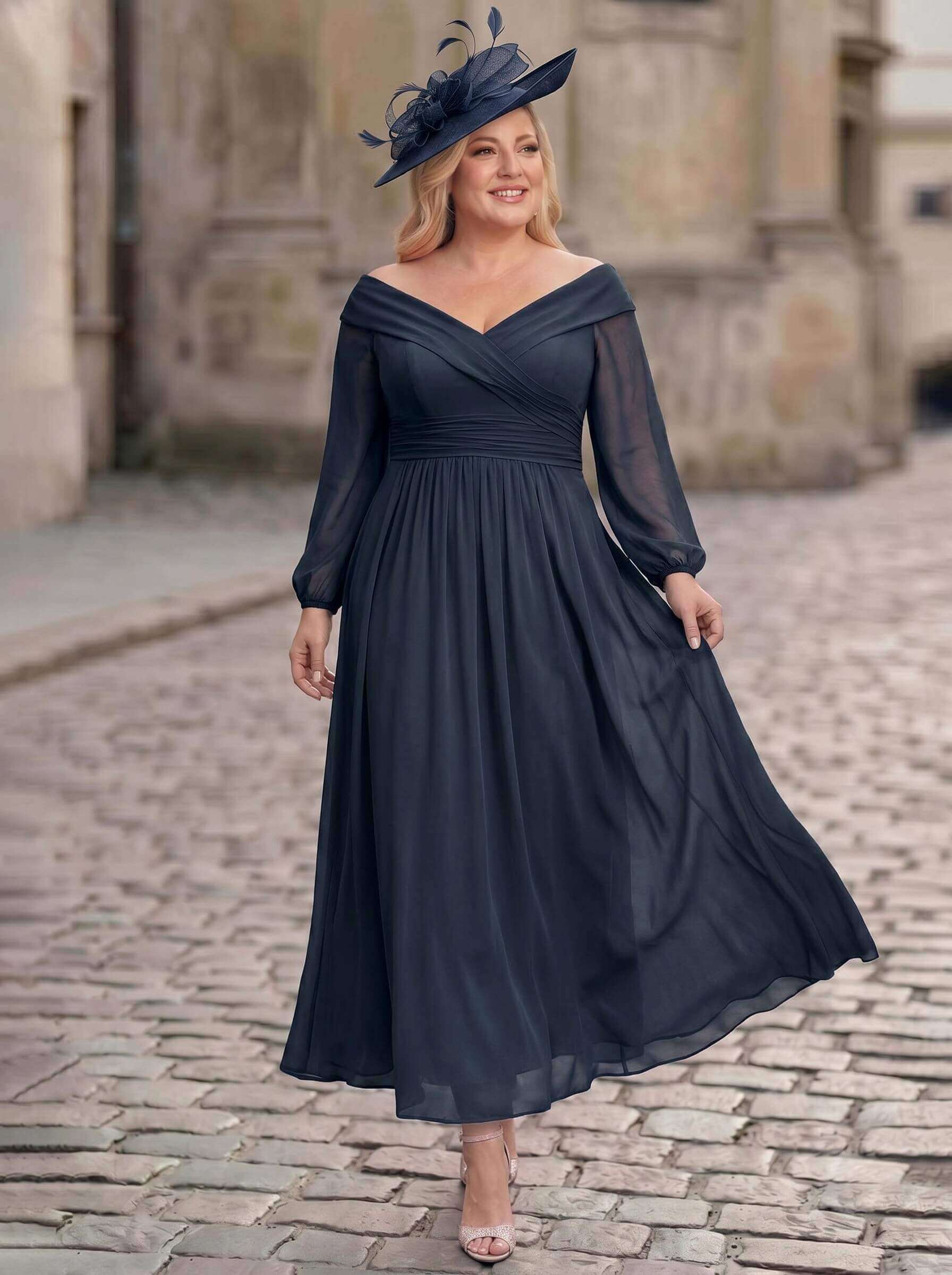 A-Line Off-The-Shoulder Long Sleeves Ankle-Length Chiffon Mother Of The Bride Dresses With Pleated