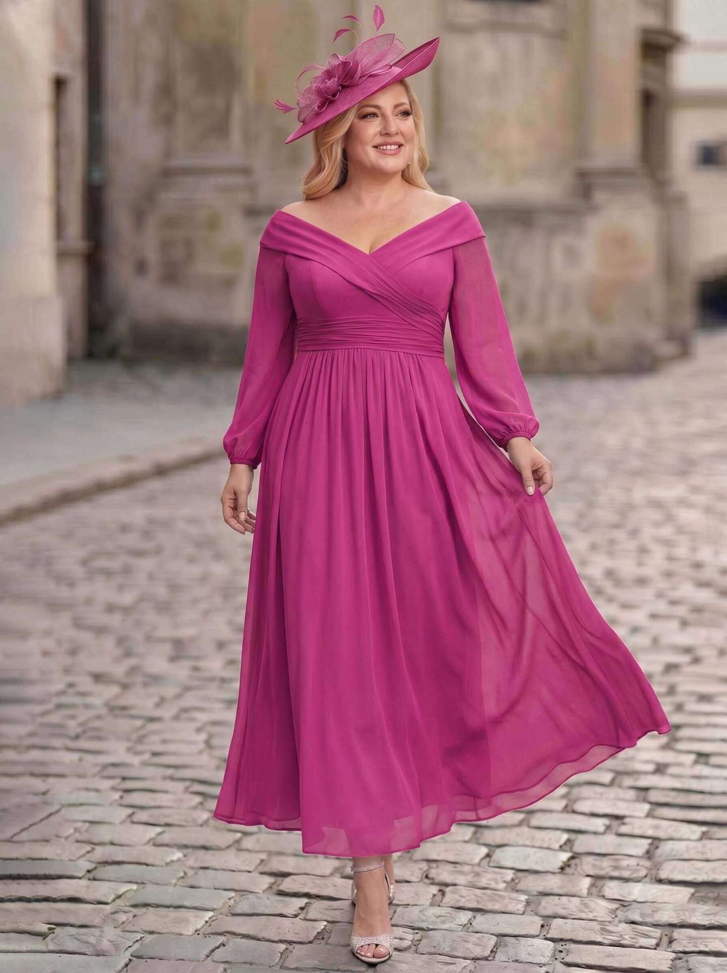 A-Line Off-The-Shoulder Long Sleeves Ankle-Length Chiffon Mother Of The Bride Dresses With Pleated