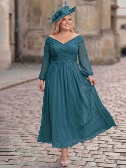 A-Line Off-The-Shoulder Long Sleeves Ankle-Length Chiffon Mother Of The Bride Dresses With Pleated