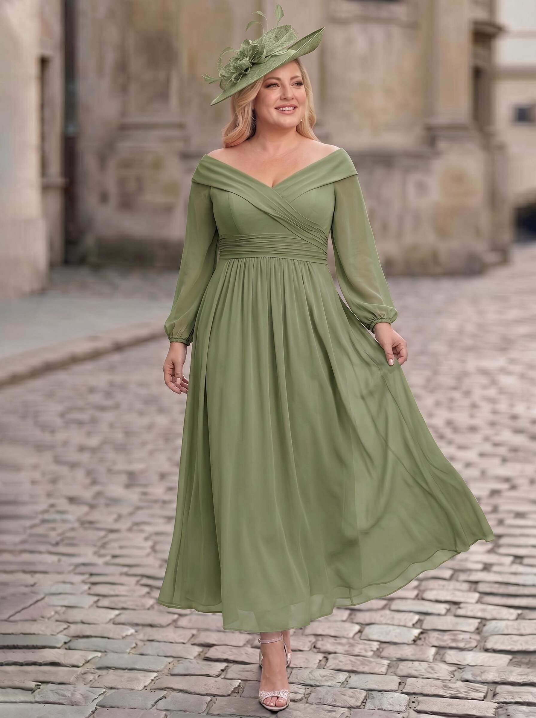 A-Line Off-The-Shoulder Long Sleeves Ankle-Length Chiffon Mother Of The Bride Dresses With Pleated