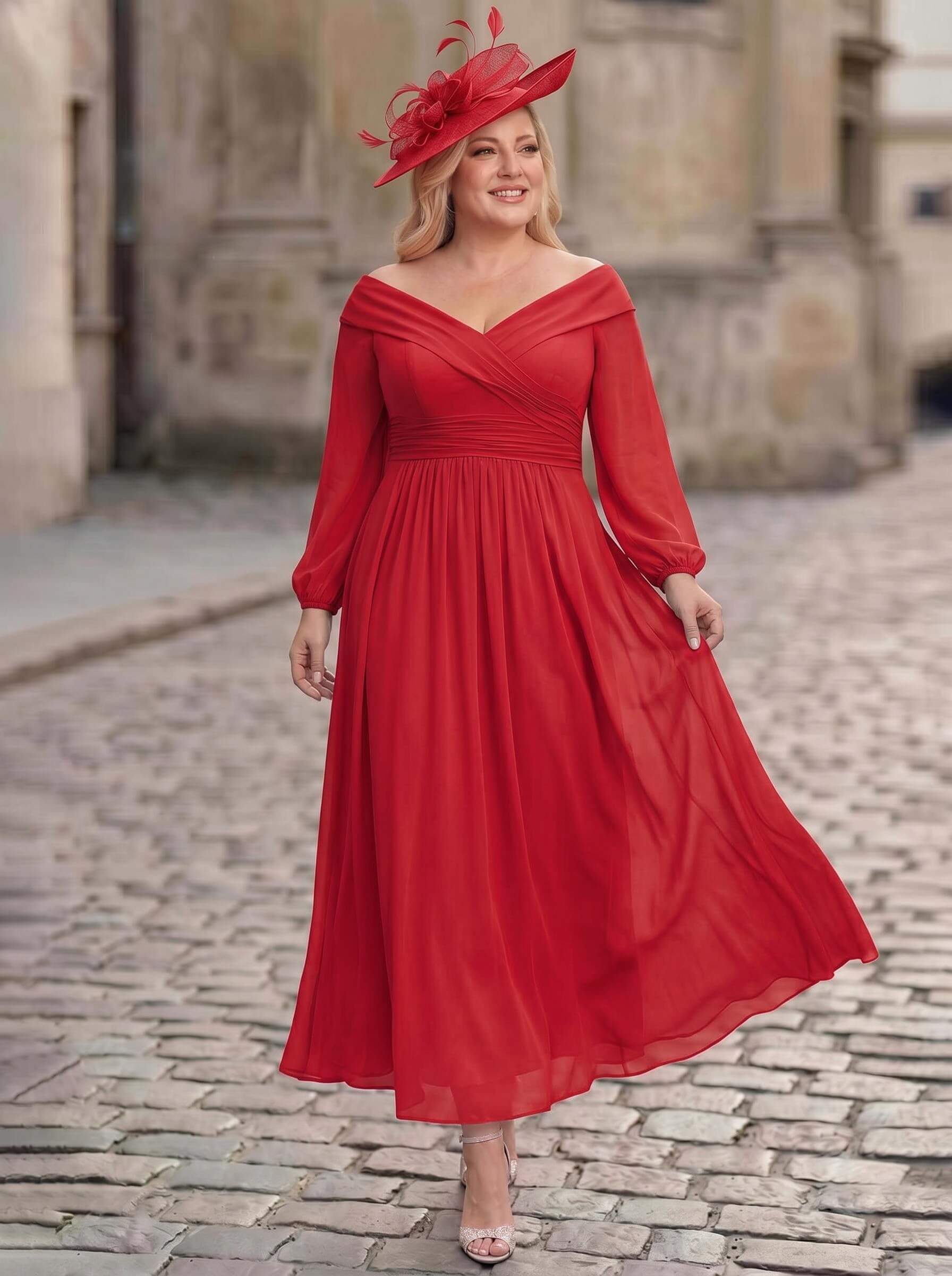 A-Line Off-The-Shoulder Long Sleeves Ankle-Length Chiffon Mother Of The Bride Dresses With Pleated