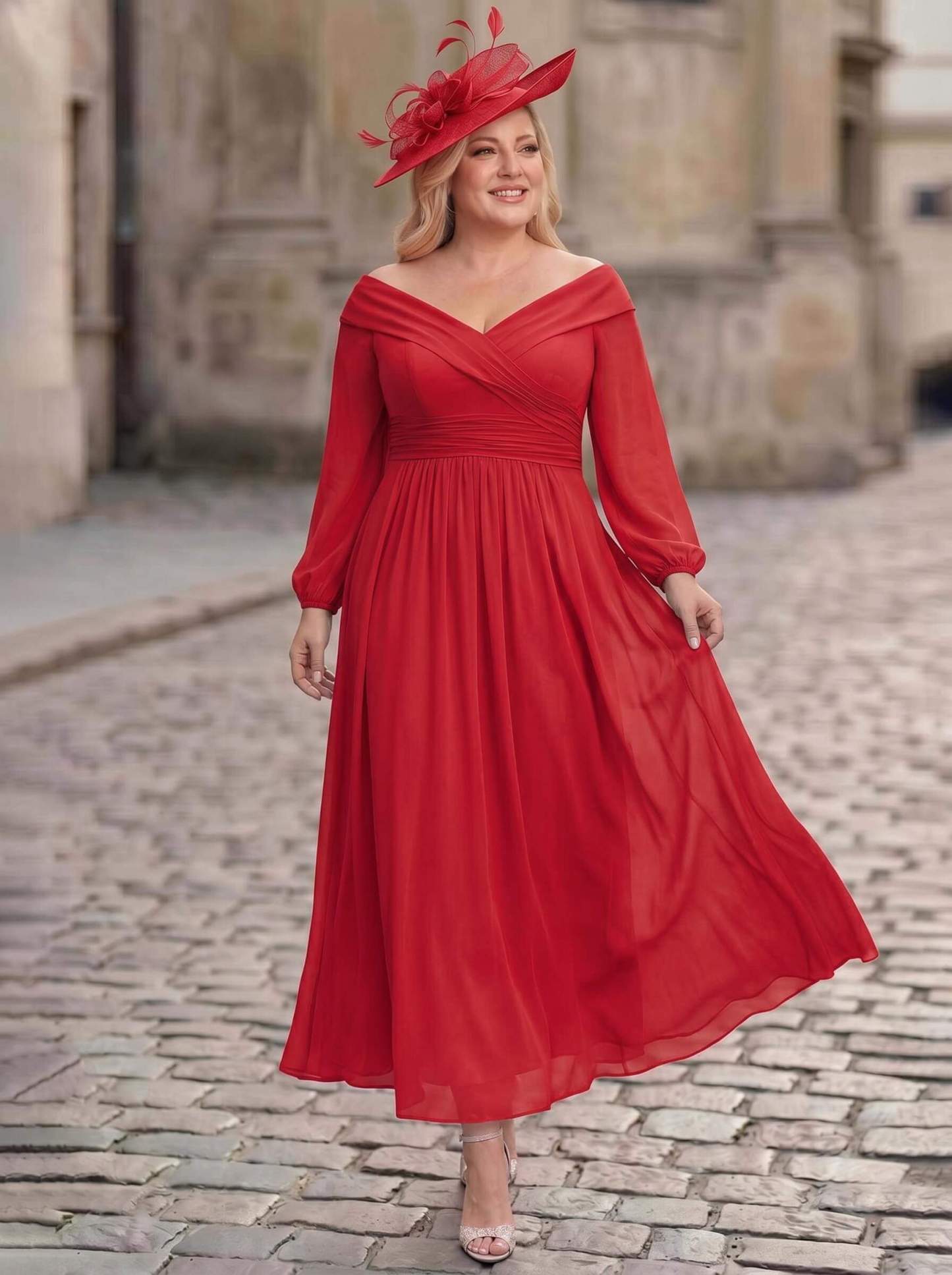 A-Line Off-The-Shoulder Long Sleeves Ankle-Length Chiffon Mother Of The Bride Dresses With Pleated