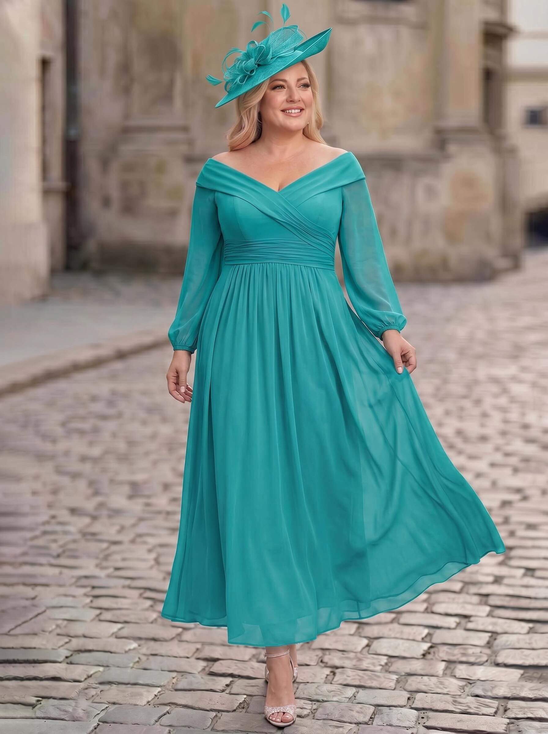 A-Line Off-The-Shoulder Long Sleeves Ankle-Length Chiffon Mother Of The Bride Dresses With Pleated
