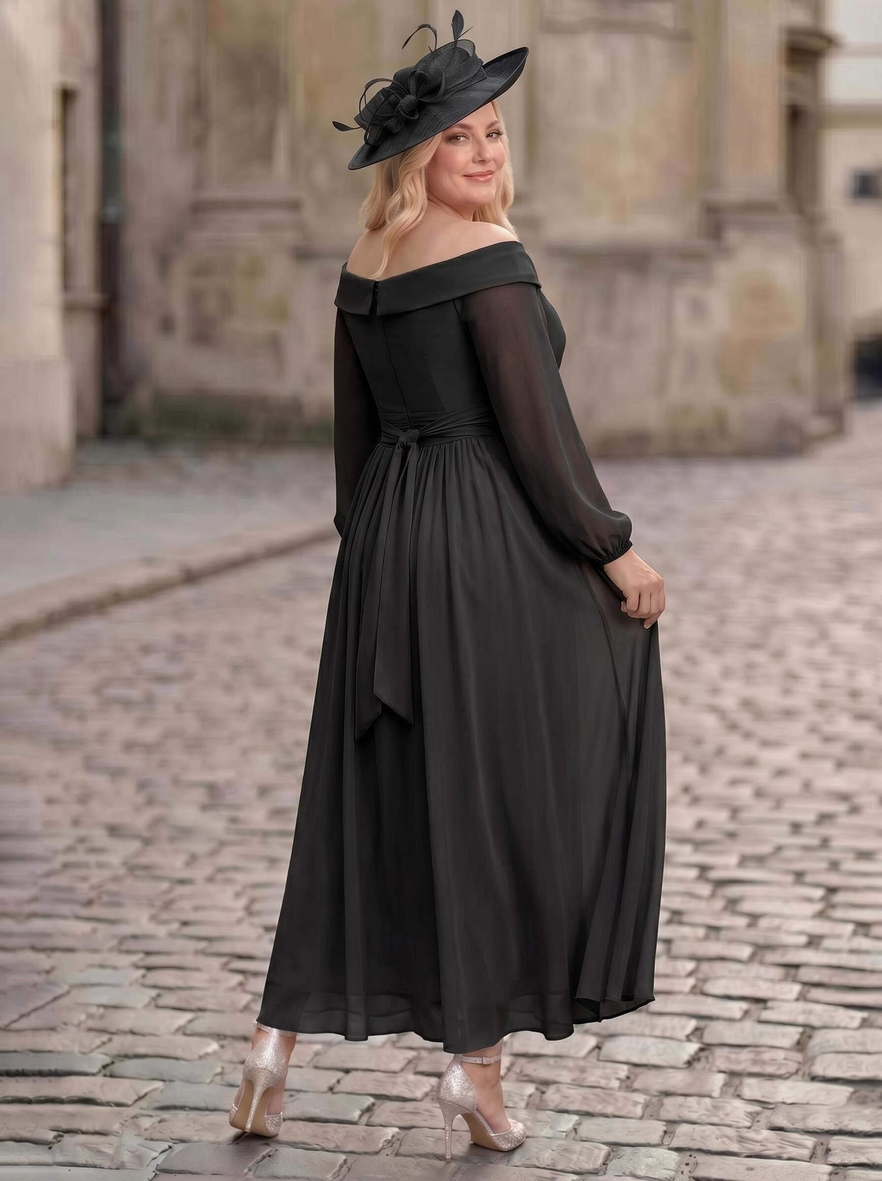 A-Line Off-The-Shoulder Long Sleeves Ankle-Length Chiffon Mother Of The Bride Dresses With Pleated