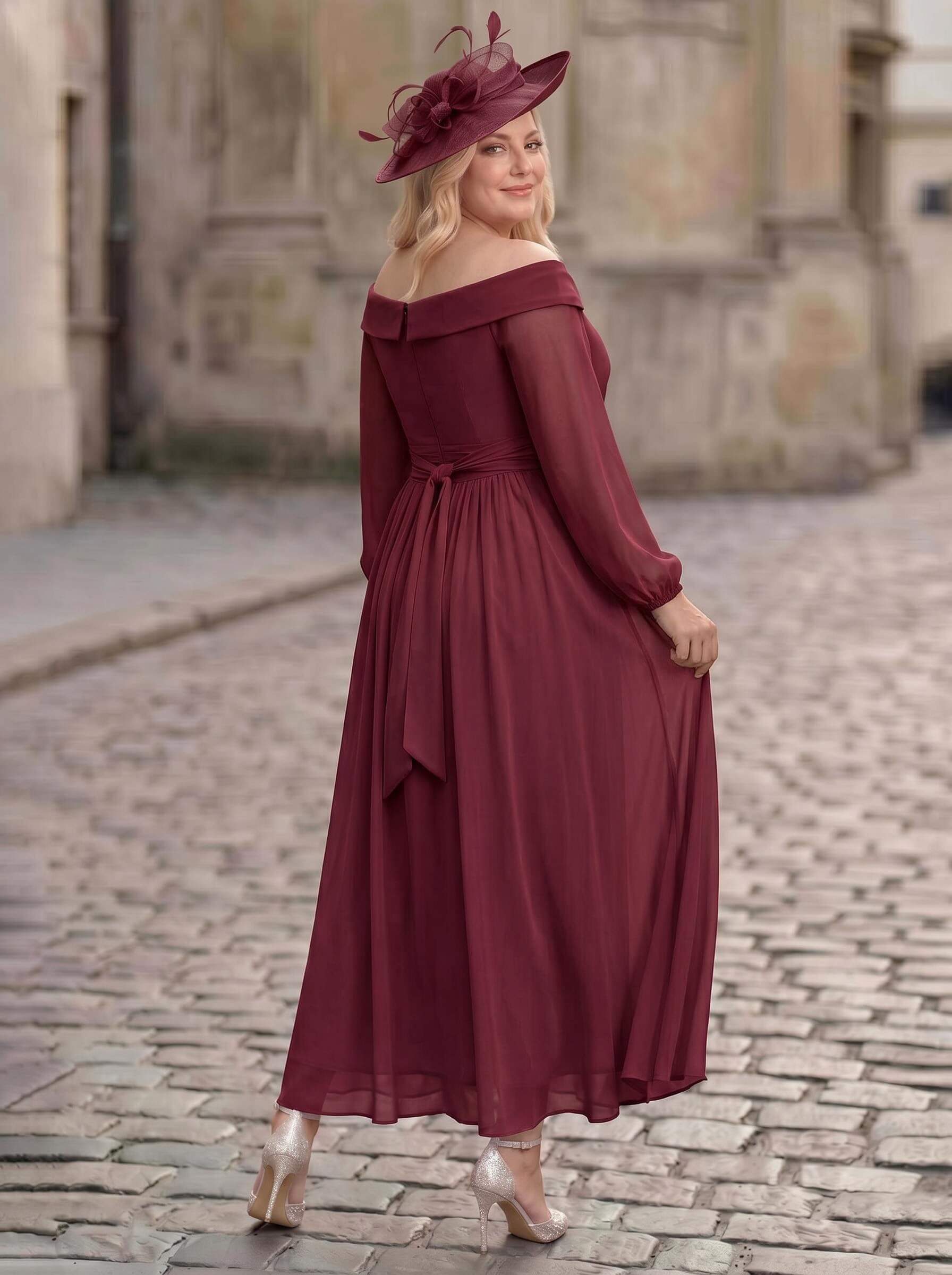 A-Line Off-The-Shoulder Long Sleeves Ankle-Length Chiffon Mother Of The Bride Dresses With Pleated
