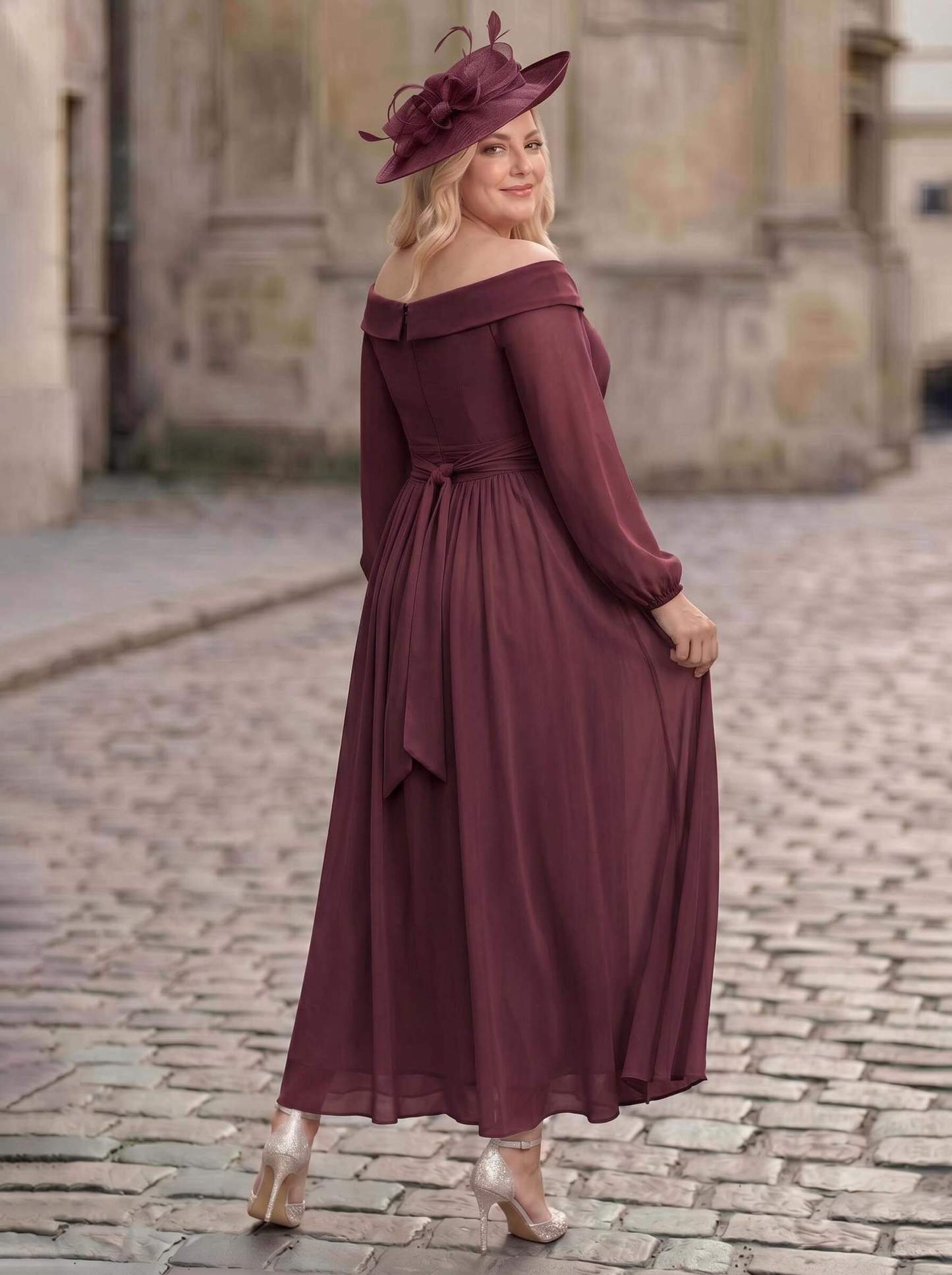 A-Line Off-The-Shoulder Long Sleeves Ankle-Length Chiffon Mother Of The Bride Dresses With Pleated