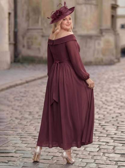 A-Line Off-The-Shoulder Long Sleeves Ankle-Length Chiffon Mother Of The Bride Dresses With Pleated