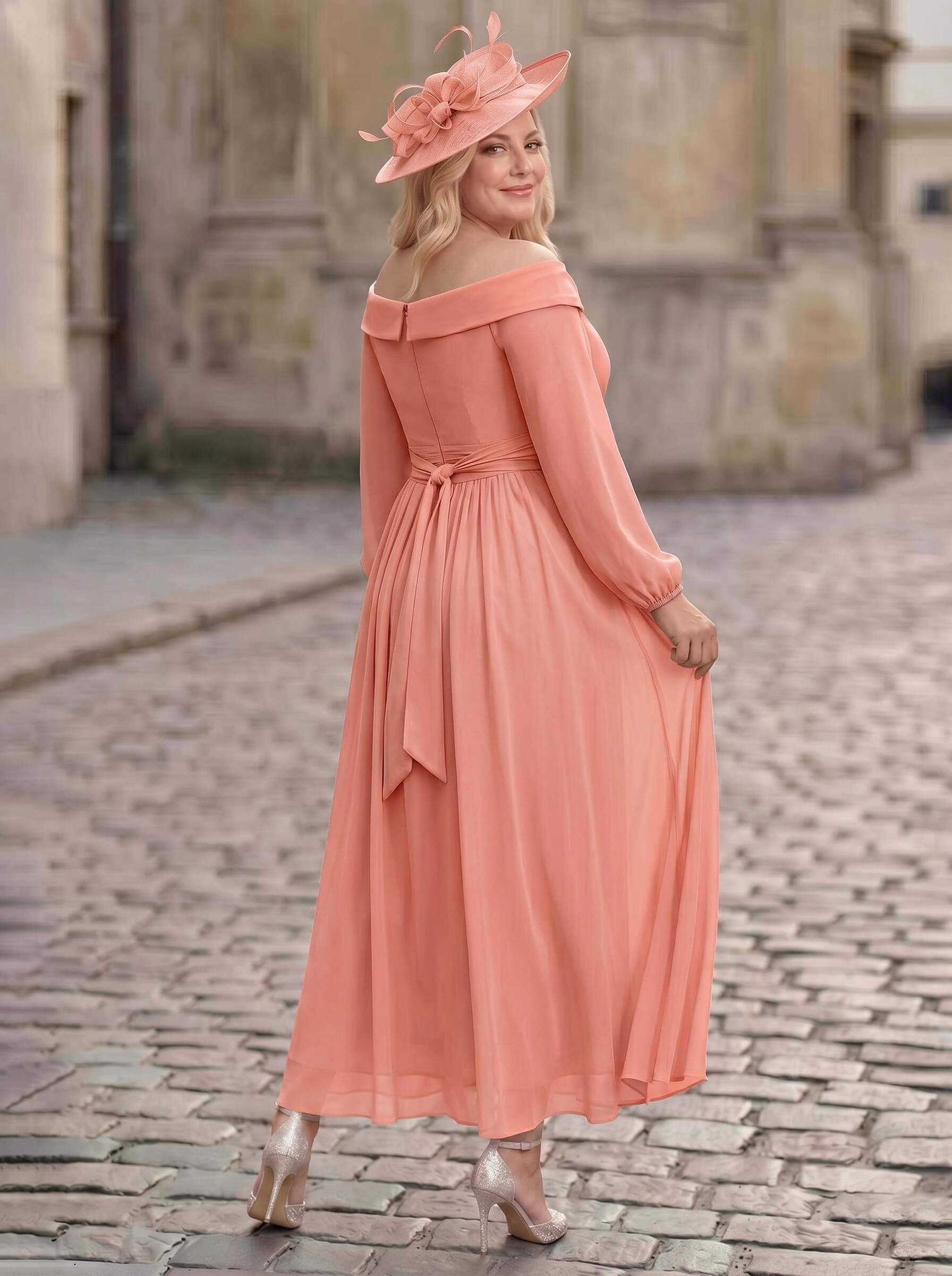 A-Line Off-The-Shoulder Long Sleeves Ankle-Length Chiffon Mother Of The Bride Dresses With Pleated