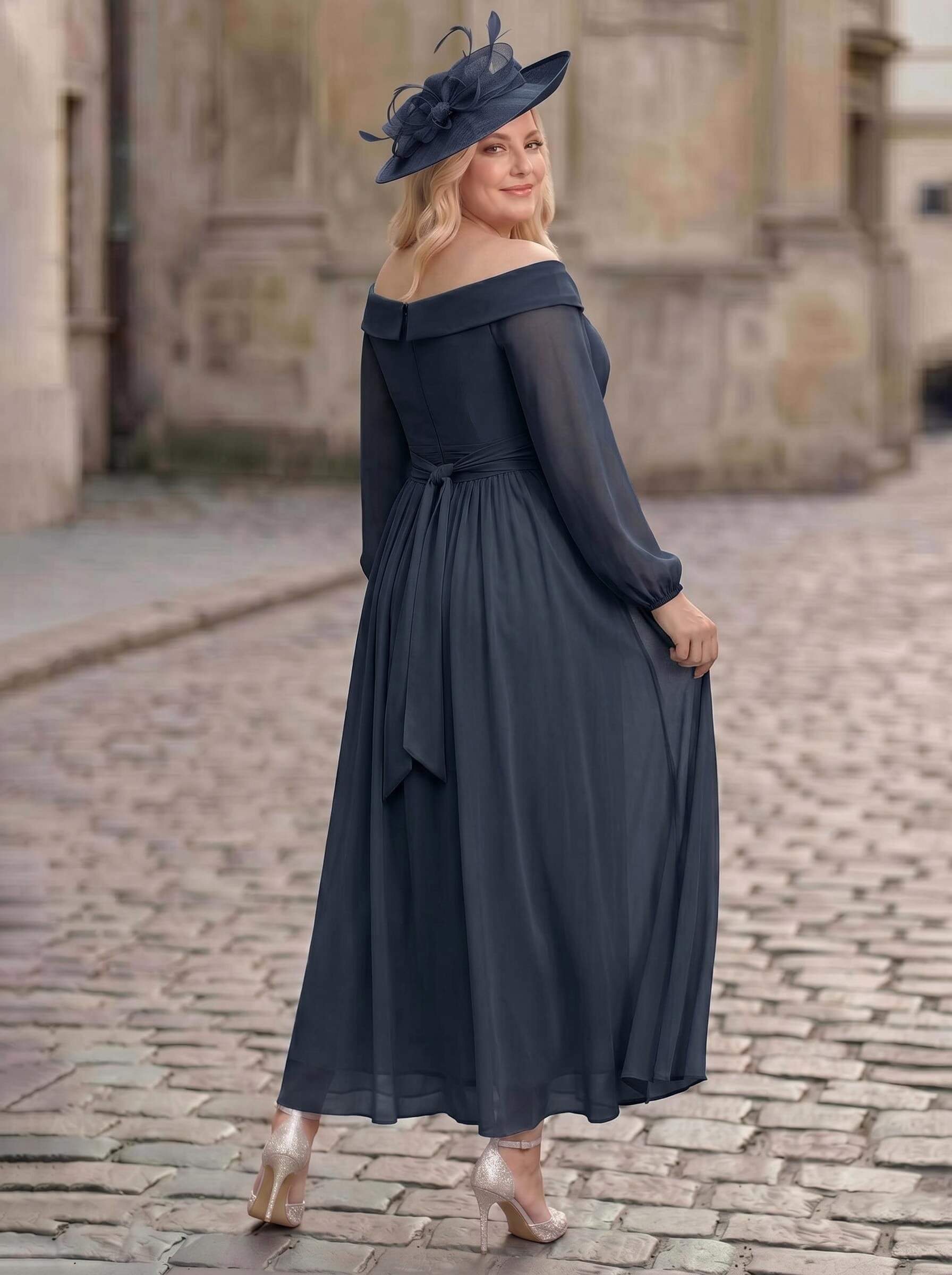 A-Line Off-The-Shoulder Long Sleeves Ankle-Length Chiffon Mother Of The Bride Dresses With Pleated
