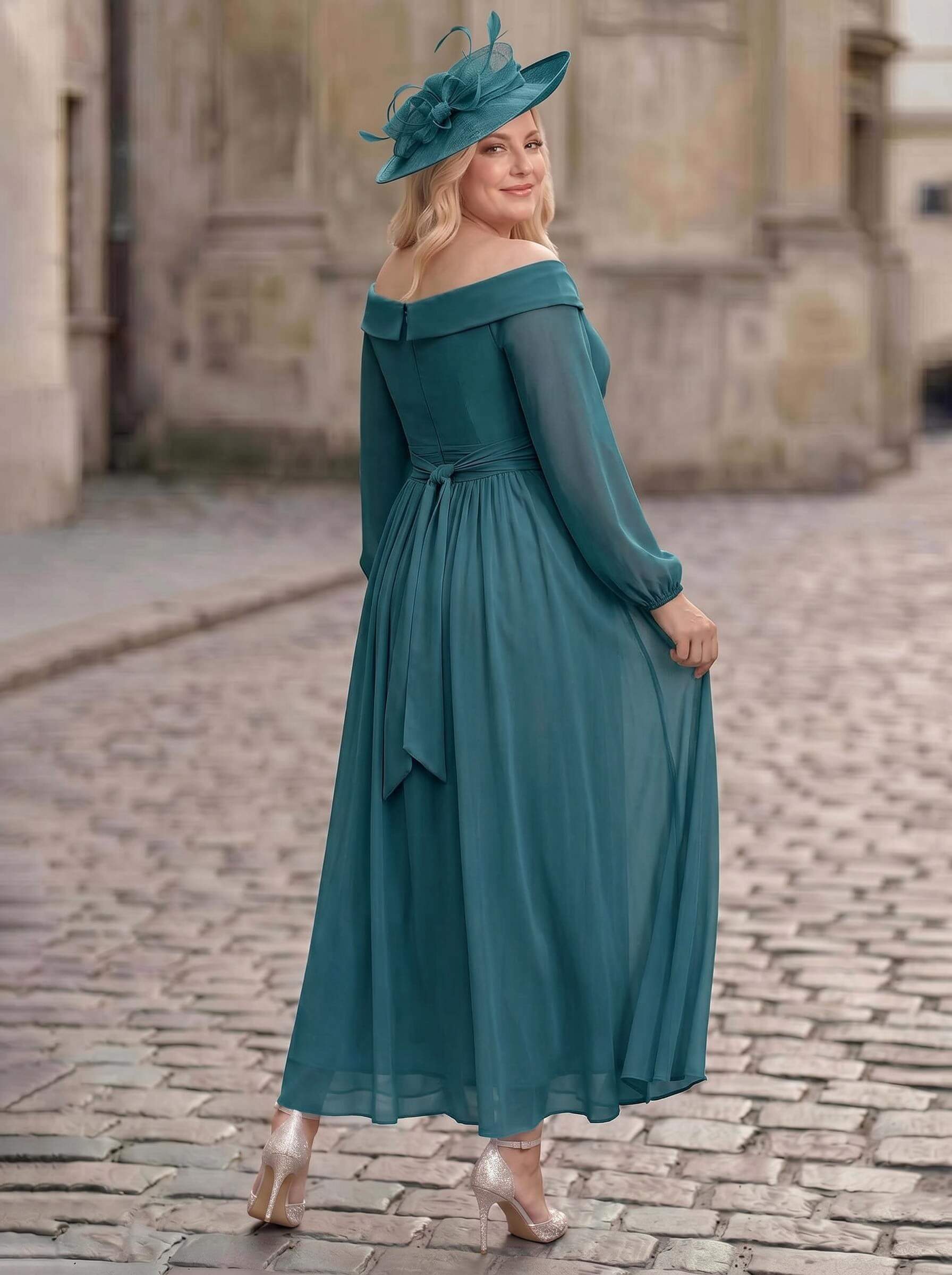 A-Line Off-The-Shoulder Long Sleeves Ankle-Length Chiffon Mother Of The Bride Dresses With Pleated