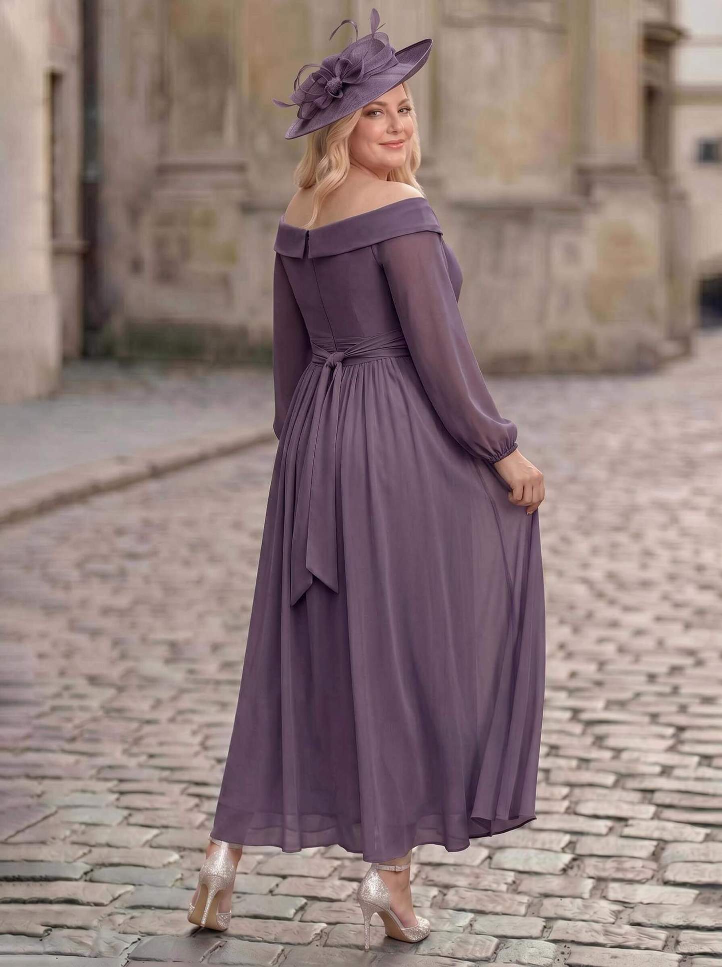 A-Line Off-The-Shoulder Long Sleeves Ankle-Length Chiffon Mother Of The Bride Dresses With Pleated