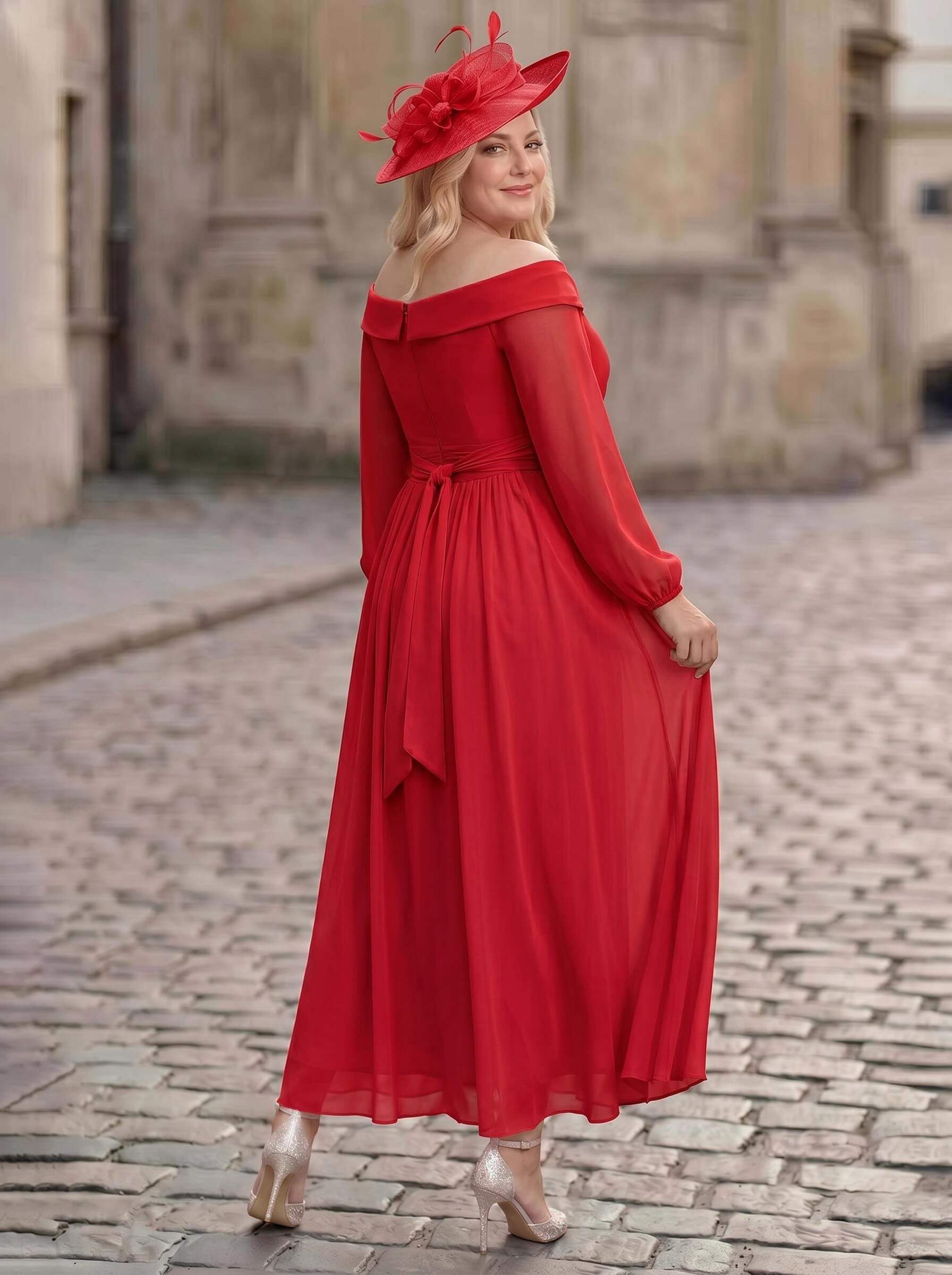 A-Line Off-The-Shoulder Long Sleeves Ankle-Length Chiffon Mother Of The Bride Dresses With Pleated