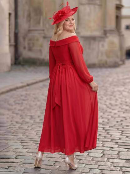 A-Line Off-The-Shoulder Long Sleeves Ankle-Length Chiffon Mother Of The Bride Dresses With Pleated