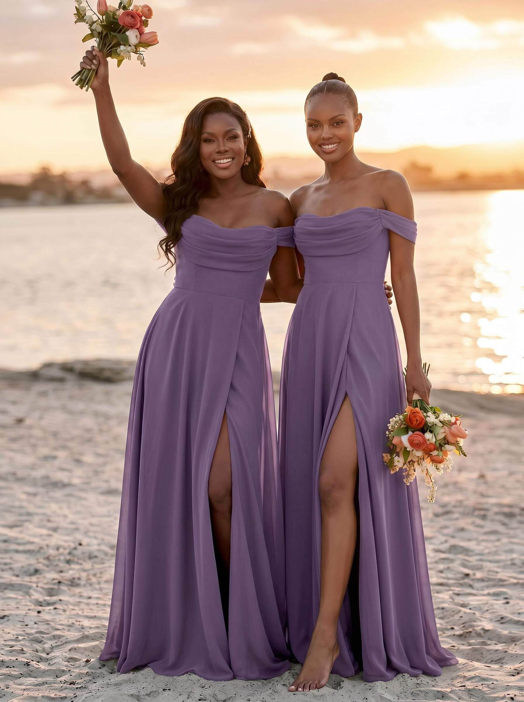 A-Line Off-The-Shoulder Sleeveless Floor-Length Chiffon Bridesmaid Dresses With Split Front, product image 37