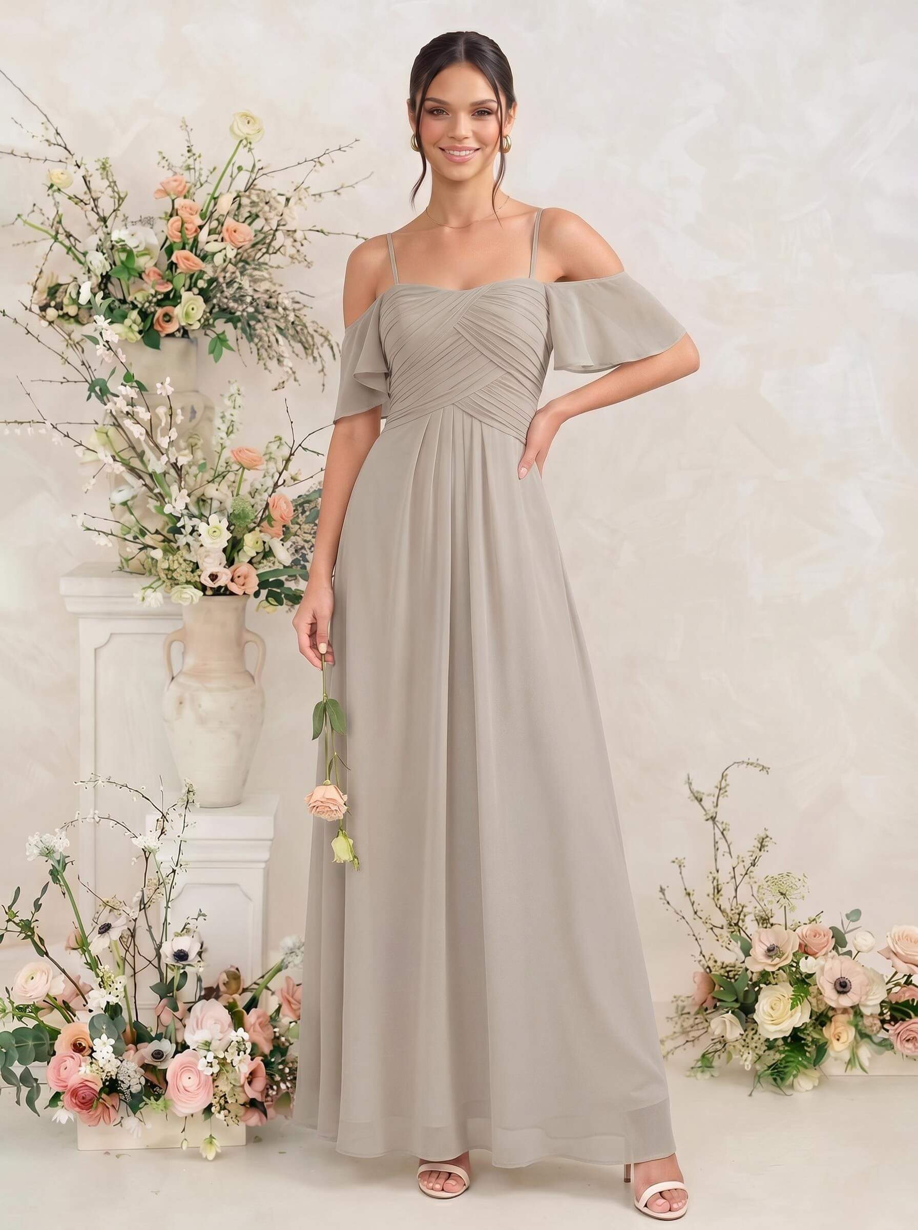 Modest A-Line Spaghetti Straps Ruched Waist Chiffon Bridesmaid Dresses
