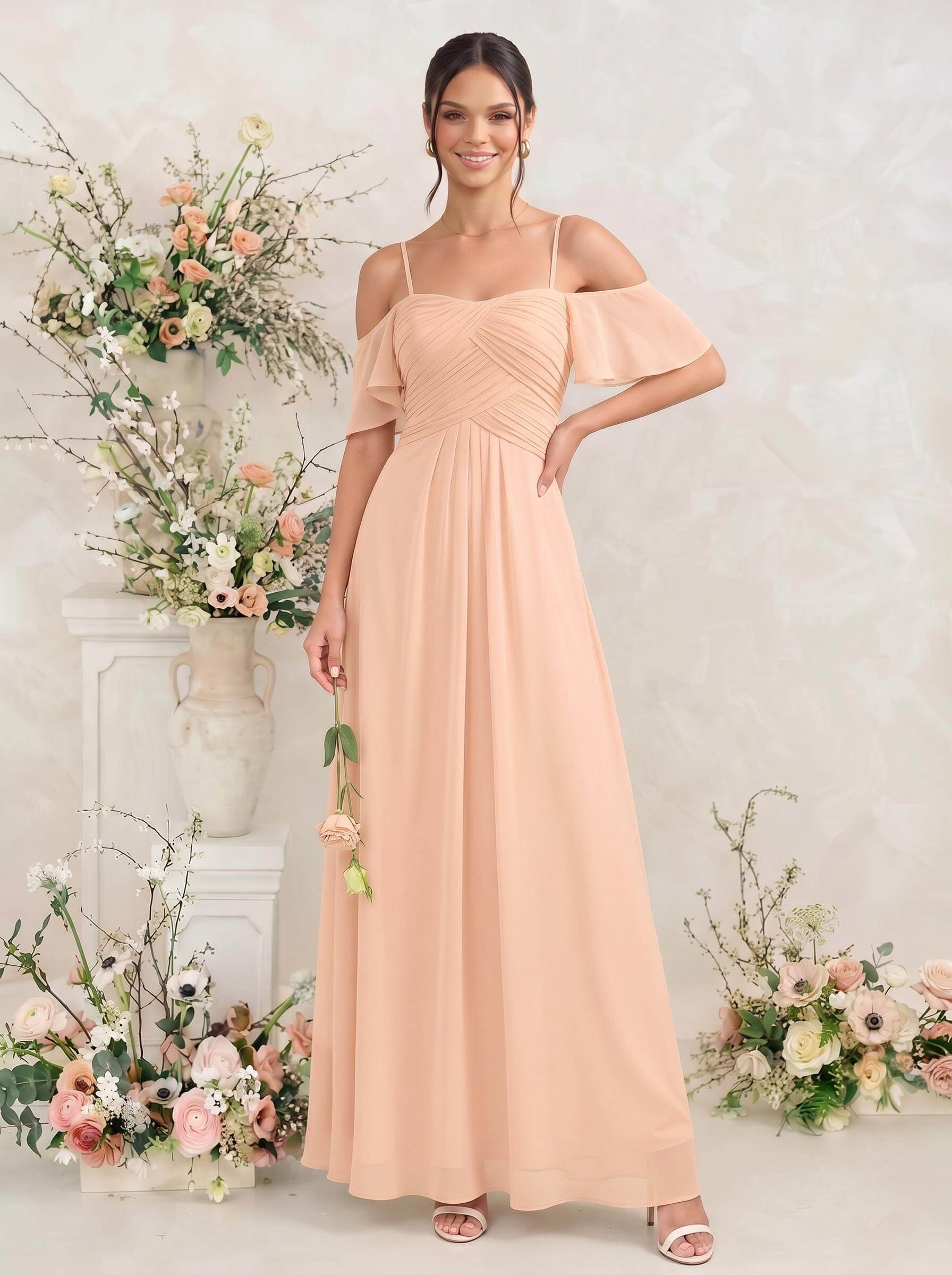 Modest A-Line Spaghetti Straps Ruched Waist Chiffon Bridesmaid Dresses
